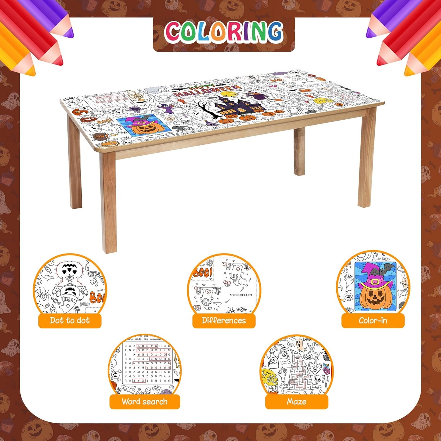 Giant Halloween Coloring Tablecloth for Kids, Large 30x72 Inch Poster with Haunted House, Pumpkins, Ghosts, Bats, Arts Crafts Games Indoor Activities for Halloween Party, Classroom Fun