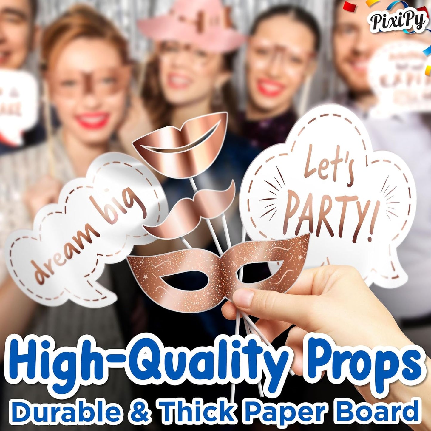 Premium Birthday Photo Booth Props Kit, 27 White & Rose Gold Party Decorations (No Glitter), Durable & Easy-to-Use Photobooth Props Signs for Memorable Photos & Unforgettable Celebrations by PixiPy
