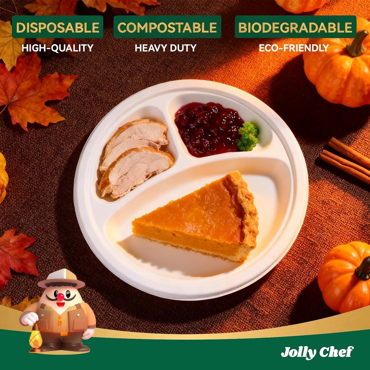 JOLLY CHEF Compostable 𝟯 Compartment Paper Plates 𝟭𝟬 𝗜𝗻𝗰𝗵 [𝟭𝟱𝟬 𝗣𝗮𝗰𝗸] Heavy Duty Divided Disposable Eco-Friendly Bagasse Biodegradable White Round Trays for Party Dinner Thanksgiving Day