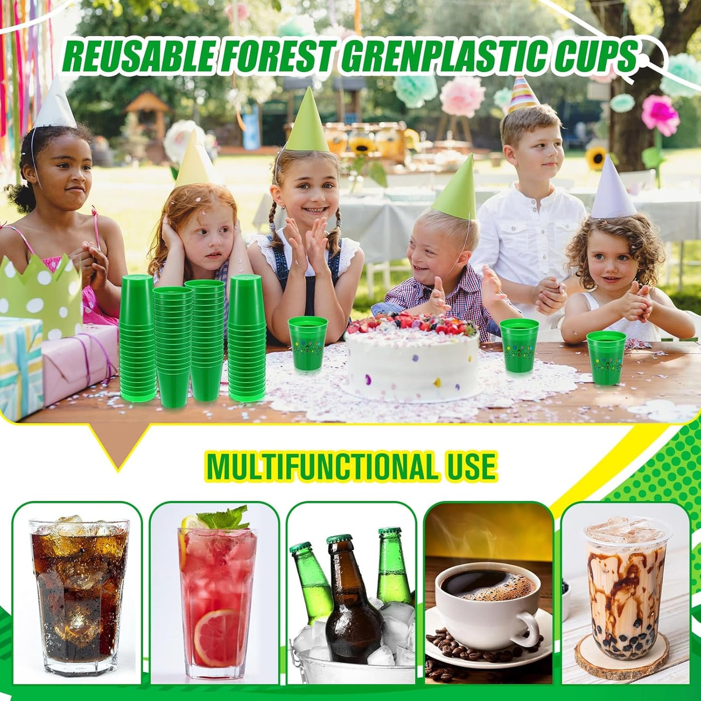 Yungyan 50 Pack 16oz Stadium Cups Reusable Plastic Cups Blank Drink Tumblers for Parties, Events, DIY Projects, 4.5 x 3.54 x 2.72 Inch (Forest Green)