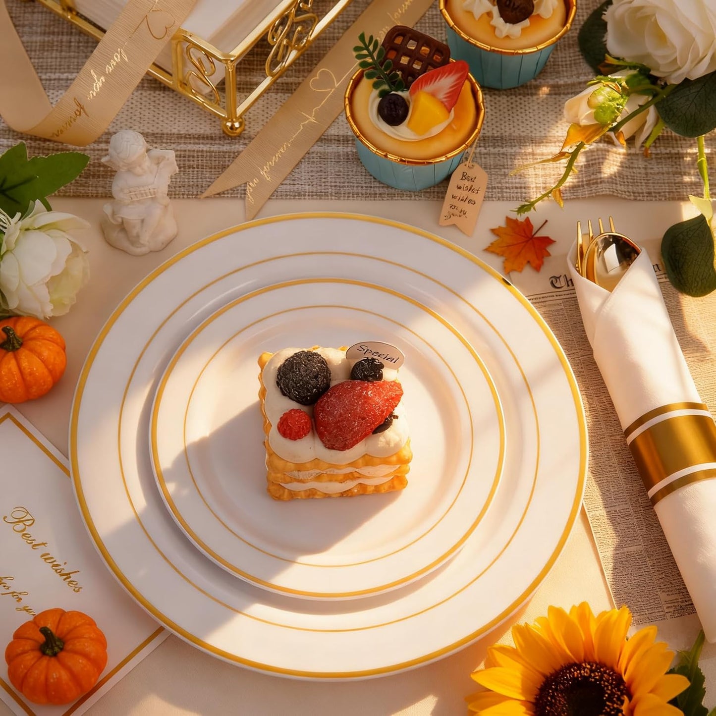 350Piece Gold Dinnerware Set for 50 Guests - Gold Plastic Plates with Disposable Cutlery Include:50Dinner Plates-50Dessert Plates-50Pre Rolled Napkins with Silverware for Thanksgiving