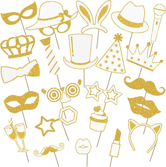 Zonon 24 Pieces Funny Photo Booth Props:Halloween,Christmas,Family Reunion, Class Reunion, Birthday, Weddings, Prom Disco Mardi Gras Party Supplies - Mix of Hats, Lipstick, Tie(White and Gold)