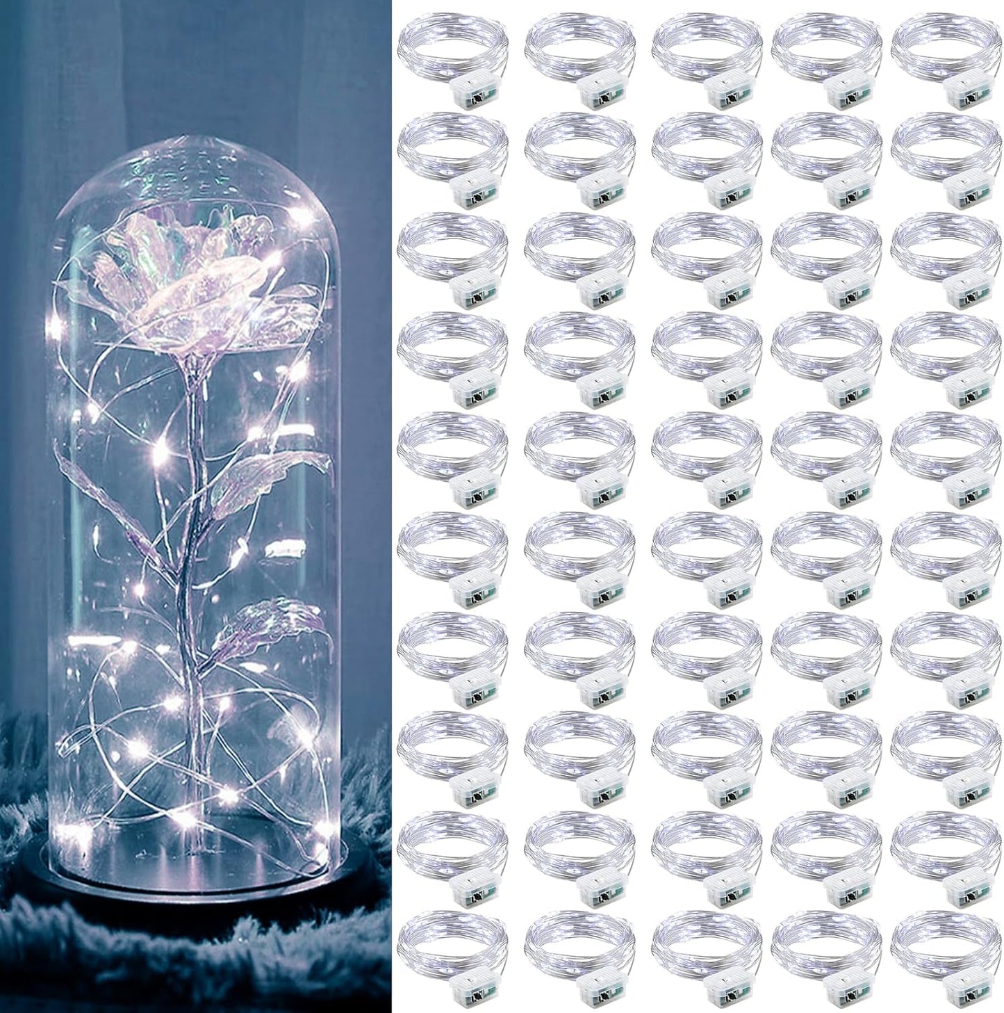 Aogist 50 Pack Fairy Lights 3 Modes 7ft 20 LED Waterproof,Battery Operated Silver Wire Firefly Starry Moon Mini String Lights for Mason Jars Christmas DIY Crafts Wedding Party Bedroom,White