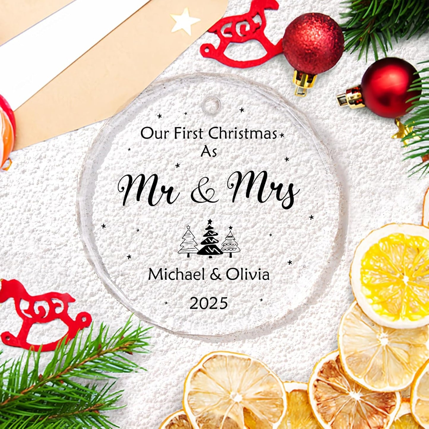 Personalized First Christmas Married Ornament 2025, Custom Engaged Christmas Ornaments with Names, Customized Wedding Engagement Gifts for Newlywed Couples Him Her