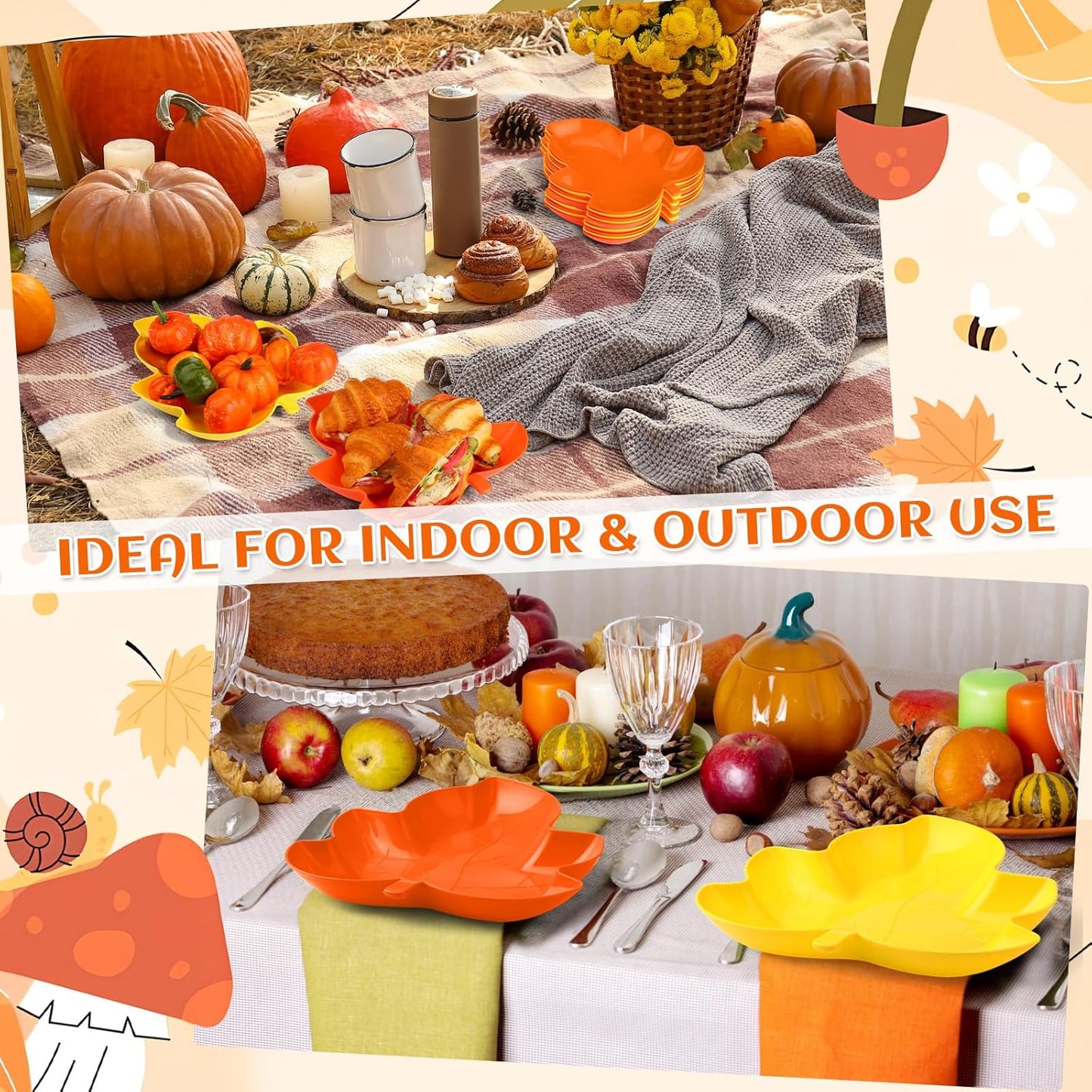 Honeydak 24 Pcs Thanksgiving Plates Fall Snack Dessert Dishes Thanksgiving Maple Leaves Shape Plates Yellow Orange Dishes Candy Fruit Plastic Bowls for Autumn Harvest Party Supplies