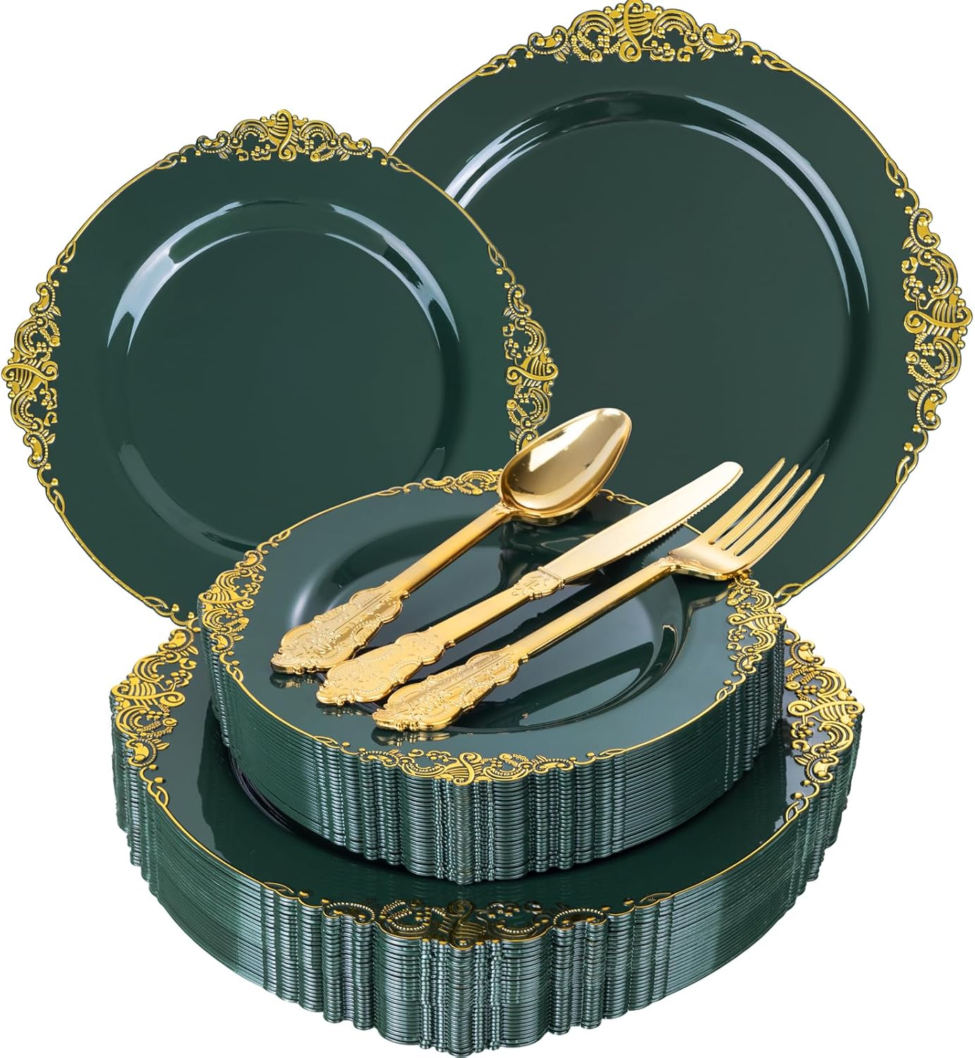 125PCS Green and Gold Plastic Plates - Fancy Green Disposable Plates - Vintage Christmas Plate with Gold Plastic Silverware Set for 25 Guests for Party Xmas Holiday
