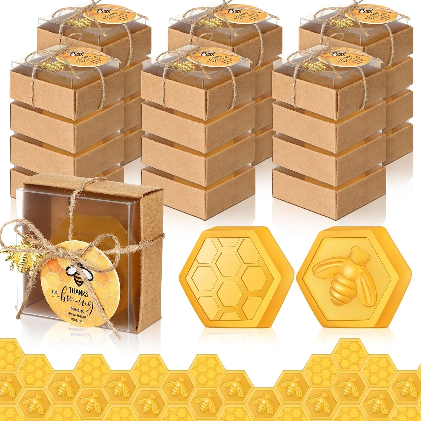 48 Set Baby Shower Bee Party Favors Honeycomb Bee Soap Handmade Scent Soaps with Gift Box Thank You Cards cute Charms for Guest Gender Reveal Keepsake Wedding gifts Decorations (Transparent)