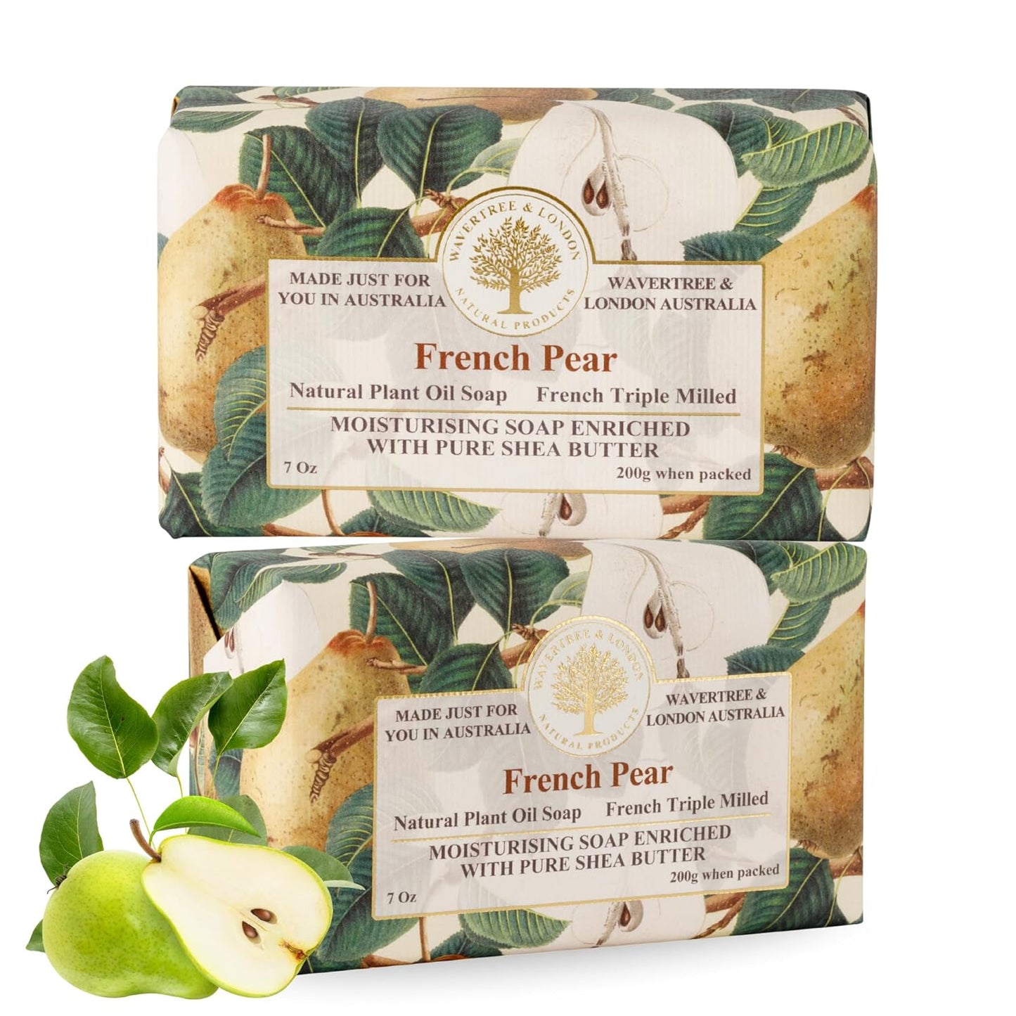 Wavertree & London French Pear Scented Natural Soap (2 Bars), 7oz Moisturizing French Triple Milled Soap Bars enriched with shea butter - Pure Plant Based Bath & Body Bars for All Skin Types