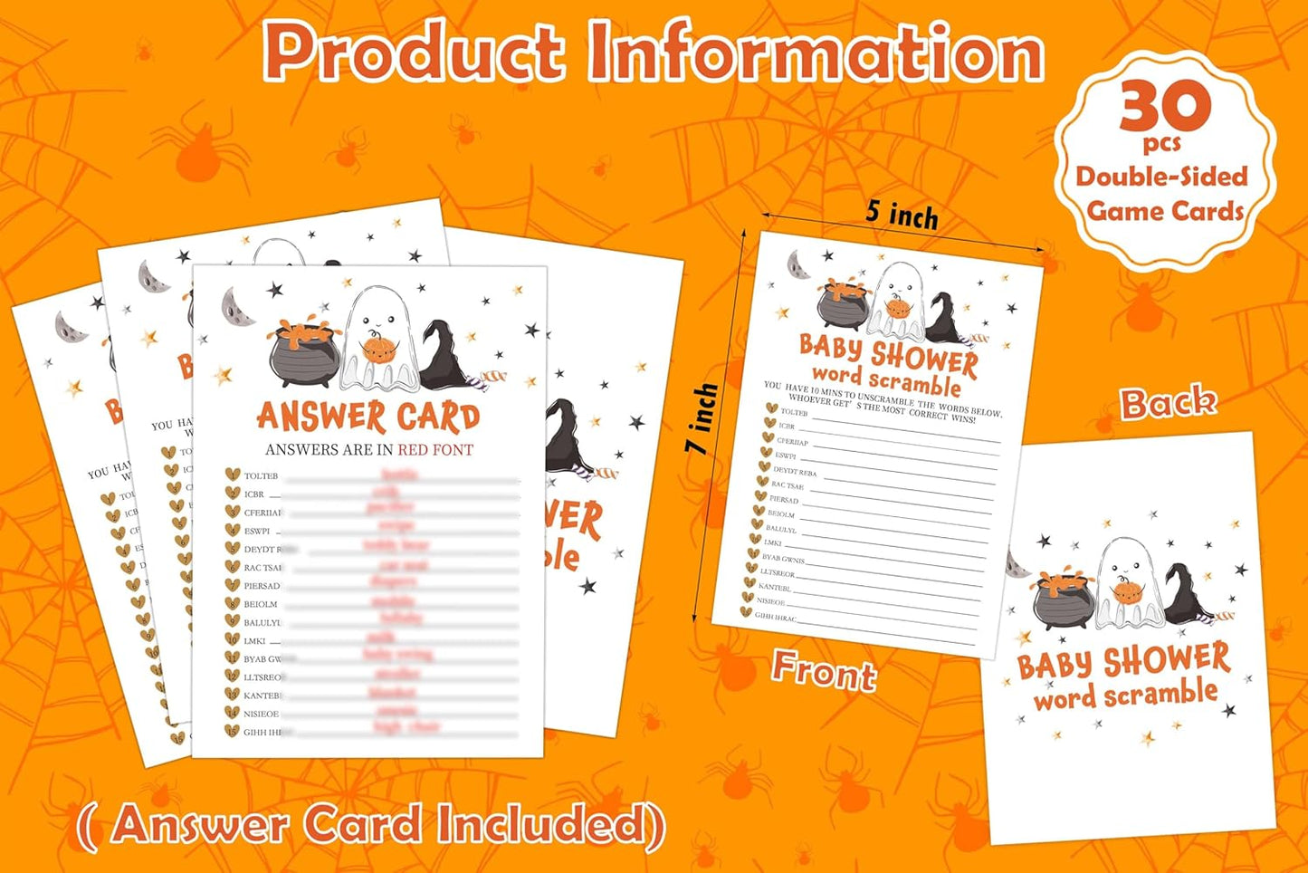 Halloween Baby Shower Word Scramble Game, 30 Halloween Gender Reveal Games for Guests (Included Answer Card) 5x7 inch, Perfect for Neutral Gender Reveal Decorations Party Favors Supplies
