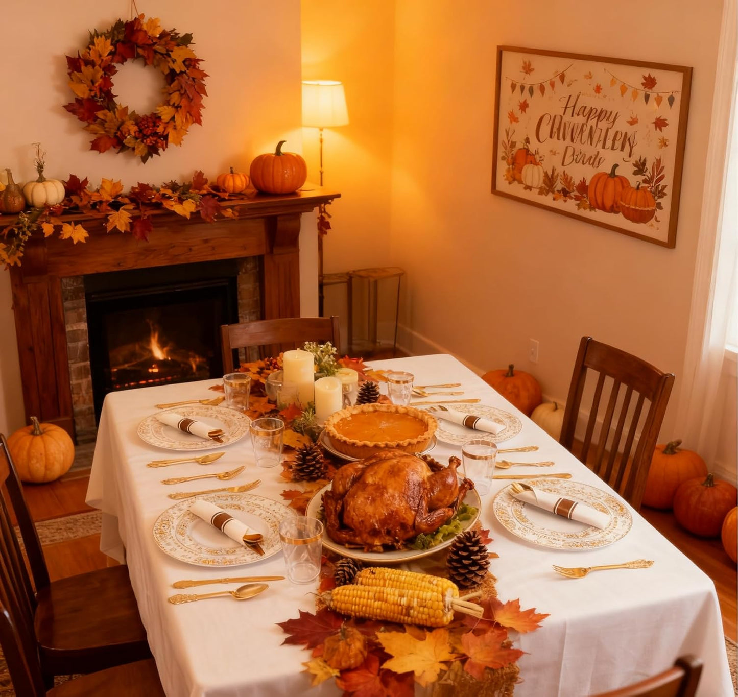 GATHER 350PCS White and Gold Plastic Plates - Gold Disposable Dinnerware Set Include 50 Dinner Plates, 50 Dessert Plates, 150 Gold Plastic Silverware, 50 Napkins, 50 Cups for Wedding & Thanksgiving