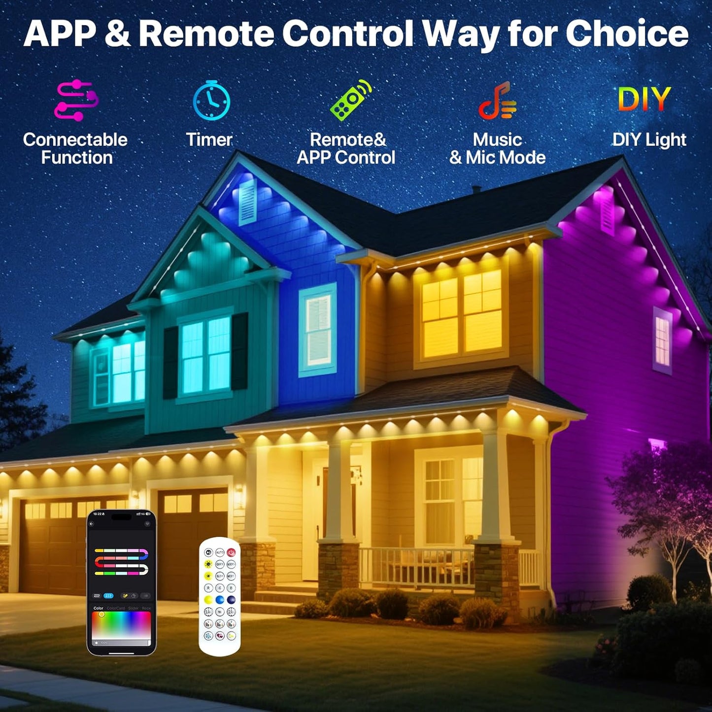 Permanent Outdoor Lights,50FT RGB+IC LED Lights with Smart APP & Remote Control, 72 Scene Modes, Waterproof IP65 for Holiday,Christmas,Yard Decorations(Extension Cord Not Included)