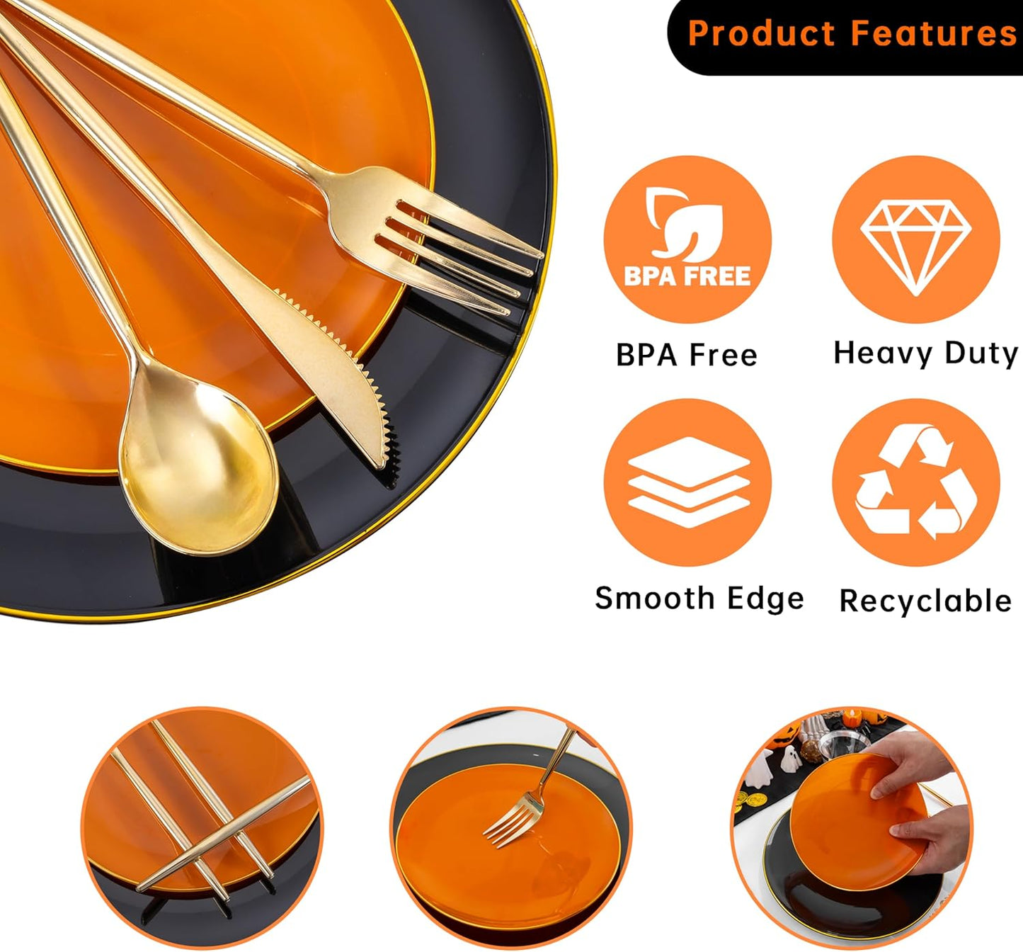 MirthMood 210PCS black and orange Plastic Plates,Black Disposable Plates –Plastic Plates Set Includes 30 Dinner,30 Dessert Plate,30 Cup&30 Napkins, 30 Gold Silverware for Wedding& Parties& Halloween