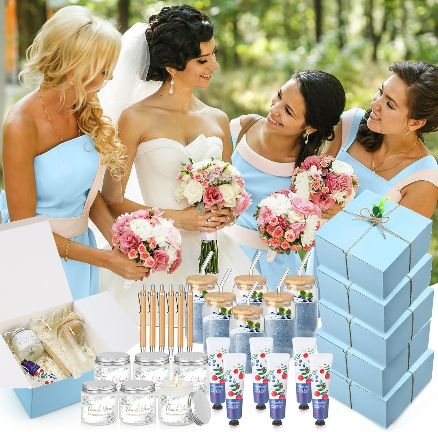 6 Sets Baby Shower Game Prizes for Winners, Glass Cup Scented Candles Hand Cream Pens Gift Box with Raffia for Baby Shower Wedding Bridal Favors for Guests(Blue)
