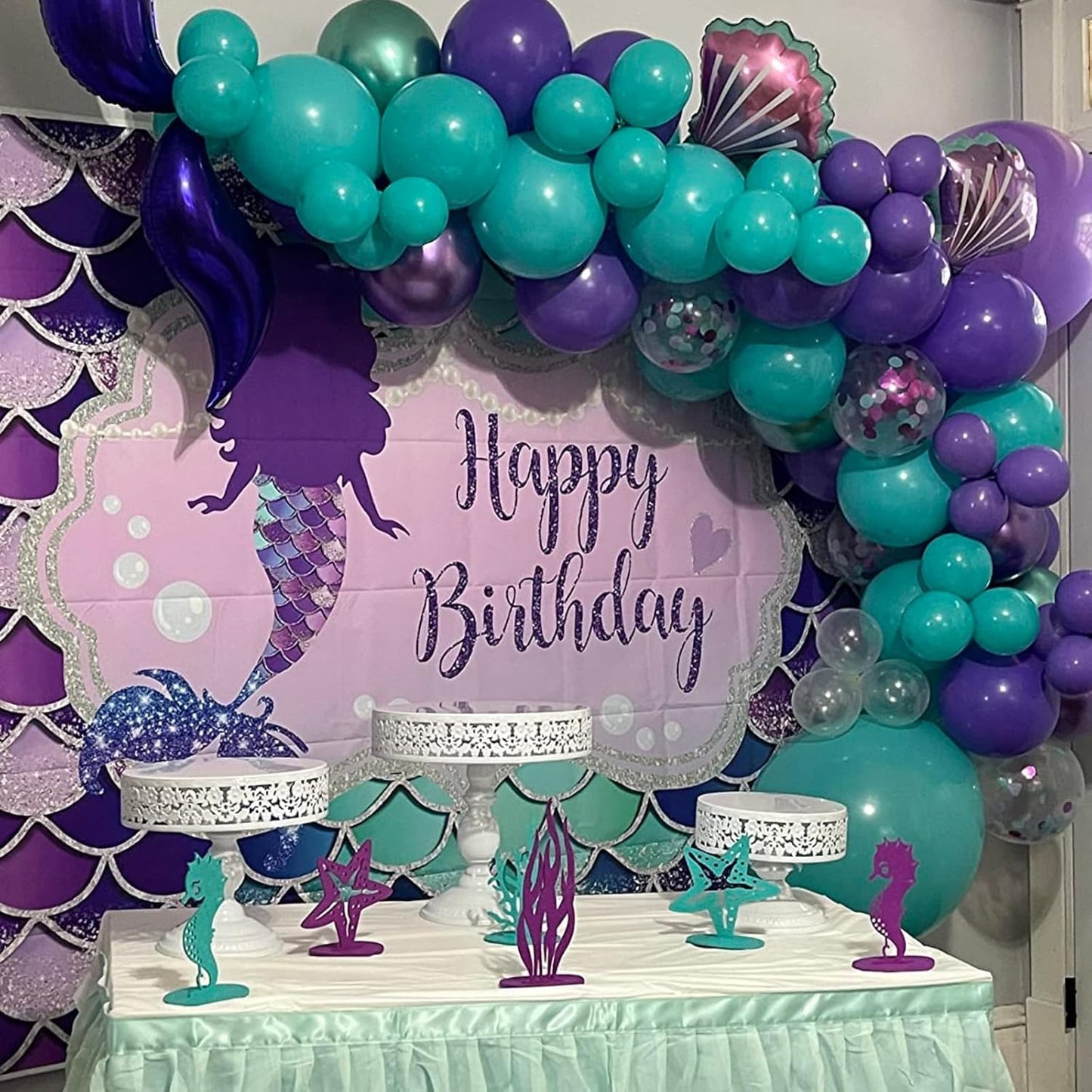 Mermaid Balloons, 60pcs 12 Inch Purple Teal and White Balloon Set with Metallic Purple Green Teal Purple Confetti Balloon, Pearl White Balloons for Birthday Wedding Mermaid Party