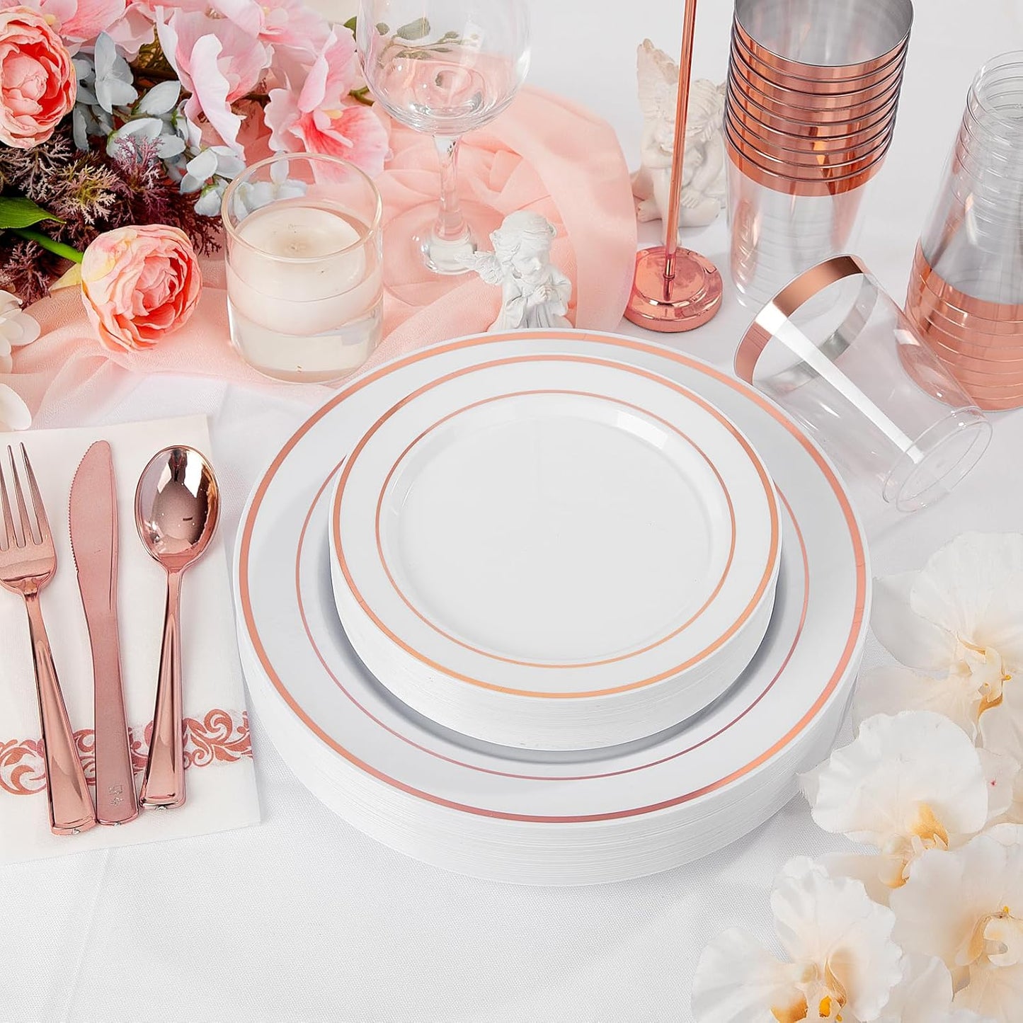 Supernal 400pcs Rose Gold Plastic Plates Disaposable Heavy Duty included Disposable Utensils& Plastic Party Plates Disaposable Party Cups and Napkins Sets for Wedding Party and Birthday