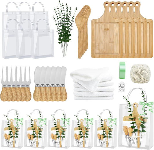 56pcs Baby Shower Prizes for Game Winners Adults, 6 Sets Bridal Shower Prizes for Guests Include Bamboo Cheese Board Spoon Butter Spreaders Fork Towel Roll Ribbon