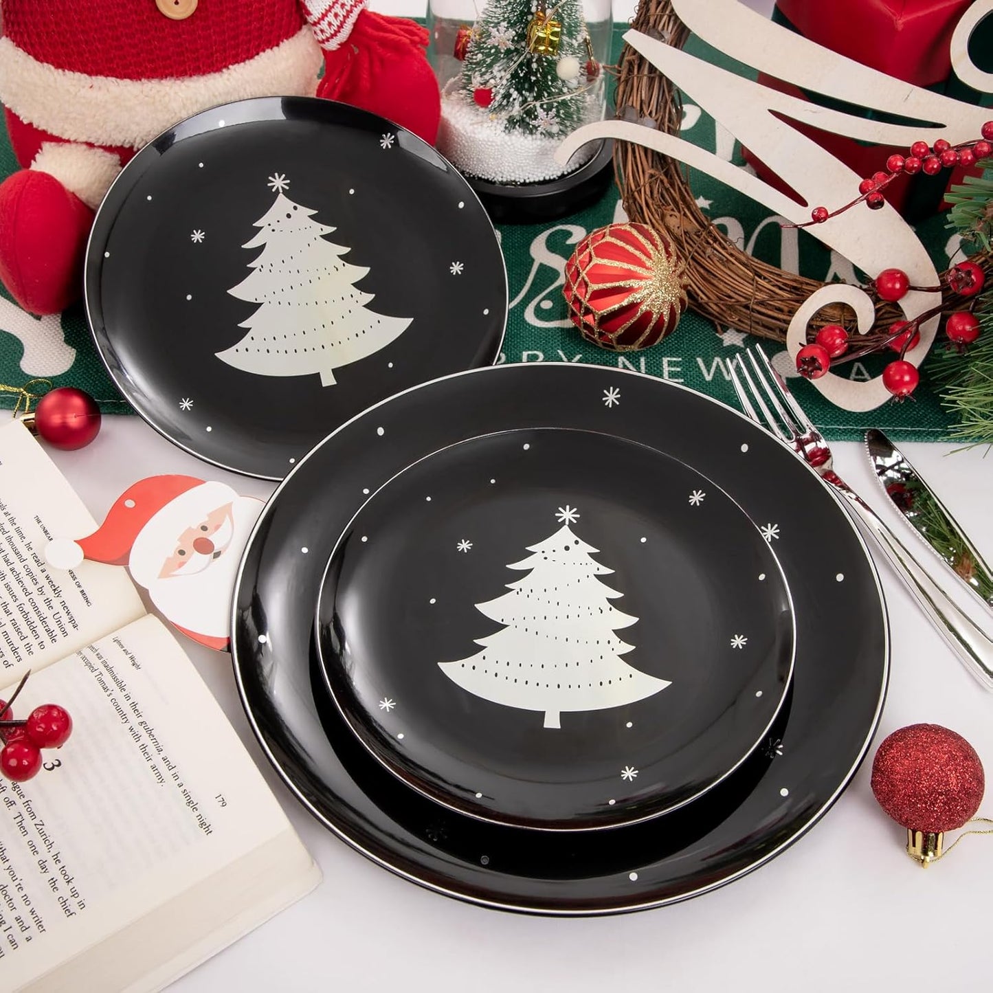 WDF 50 Pieces Christmas Plates Plastic - Black and Silver Plates with Christmas Tree include 25 Dinner Plates, 25 Salad Plates - Black Silver Party Plates for Christmas, Winter