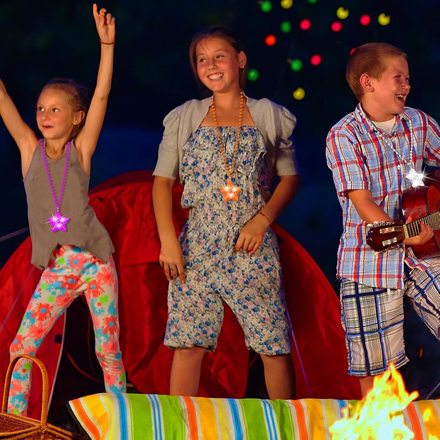 6 Pack Clear LED Glow Star Necklace Bulk Beaded Necklaces for Halloween Christmas Decorations Mardi Gras Party Favors