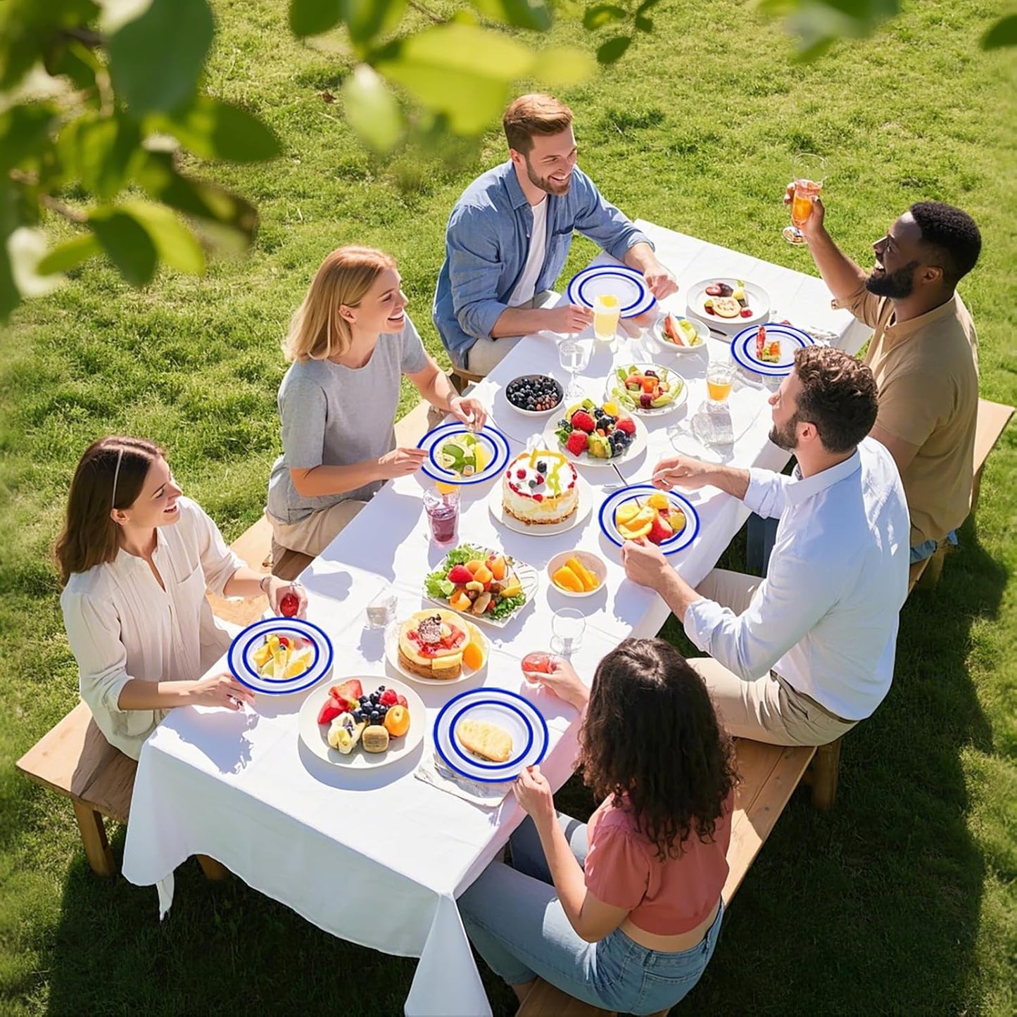 I00000 350 Pcs Dark Blue Plastic Plates,Clear Disposable Plates for 50 Guests,Blue Dinnerware Include 50 Dinner Plate 50 Dessert Plate,50 Cups,50 Pre Rolled Napkins with Cutlery Set for Party,Wedding