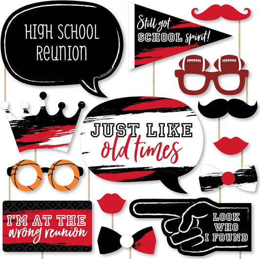 Big Dot of Happiness Class Reunion Photo Booth Props Kit - 20 Premium Cardstock Props, School Reunion Party Decorations, Memory Making Props, Red