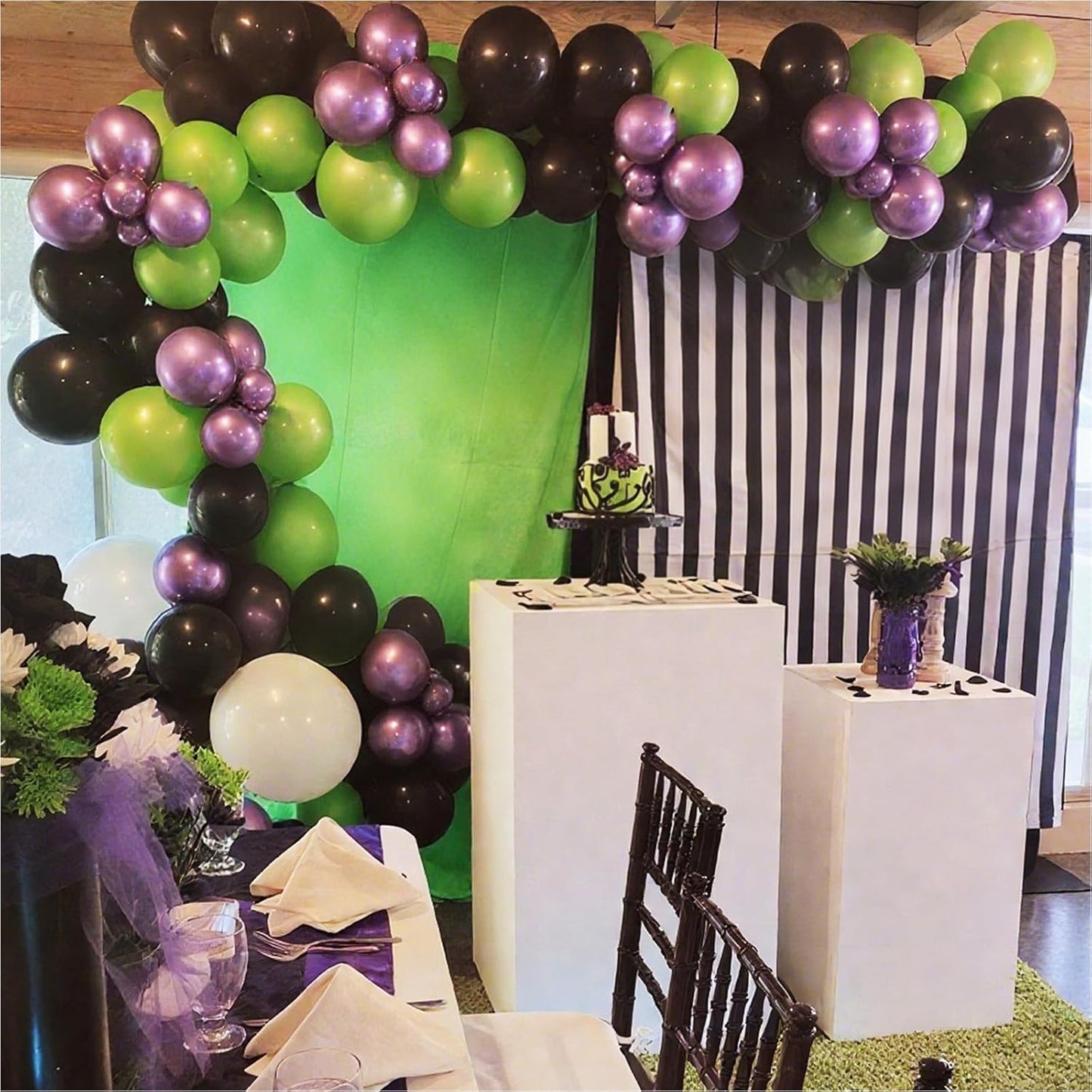 Purple and Green Balloons, 12 Inch Lime Neon Green Metallic Purple Black Confetti Latex Party Balloons for Boys Halloween Hero Monster Truck Racing Car Theme Baby Shower Birthday Party Decorations