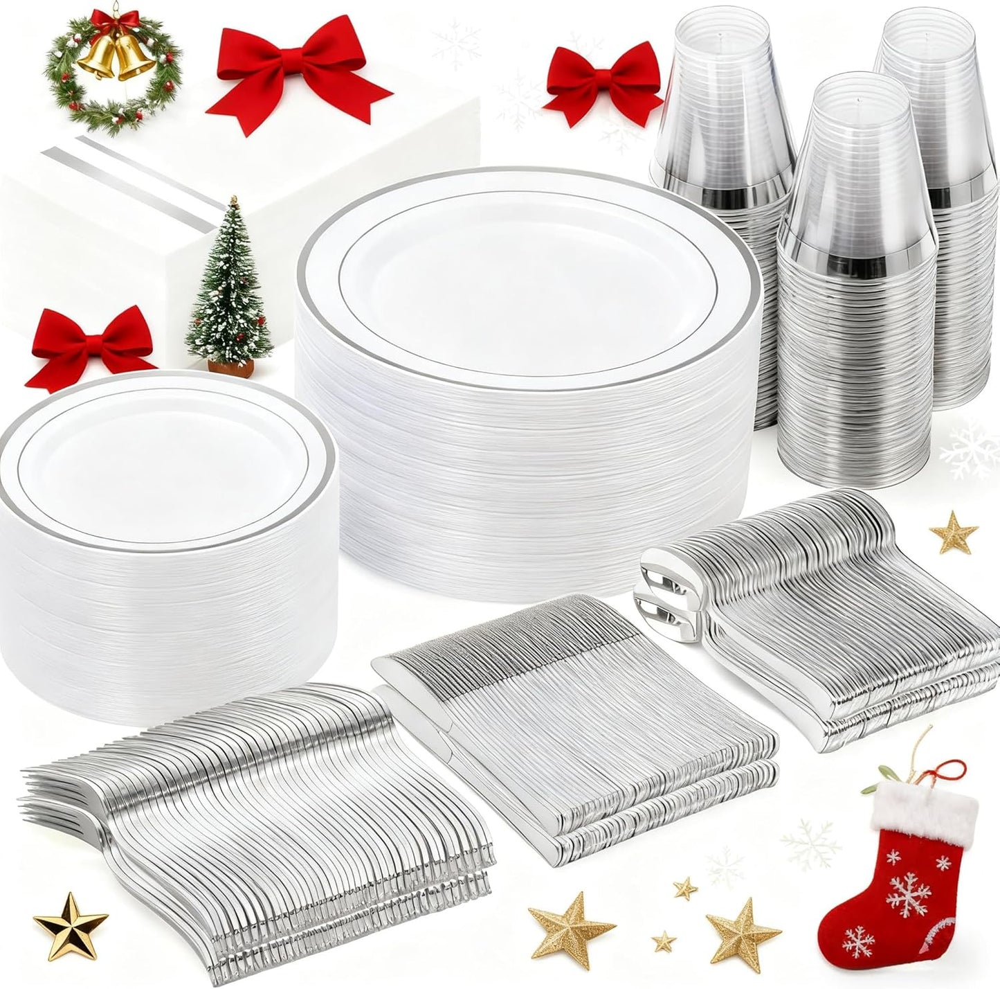 GATHER 350PCS Silver Plastic Plates - White and Silver Disposable Plates for 50 Guests Includes 50 Dinner Plates 50 Dessert Plate 50 Napkins 150 Silvery Cutlery and 50 Cups for Wedding & Party