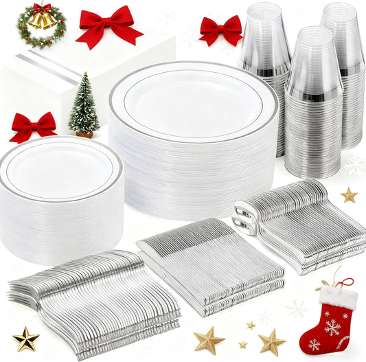 GATHER 350PCS Silver Plastic Plates - White and Silver Disposable Plates for 50 Guests Includes 50 Dinner Plates 50 Dessert Plate 50 Napkins 150 Silvery Cutlery and 50 Cups for Wedding & Party