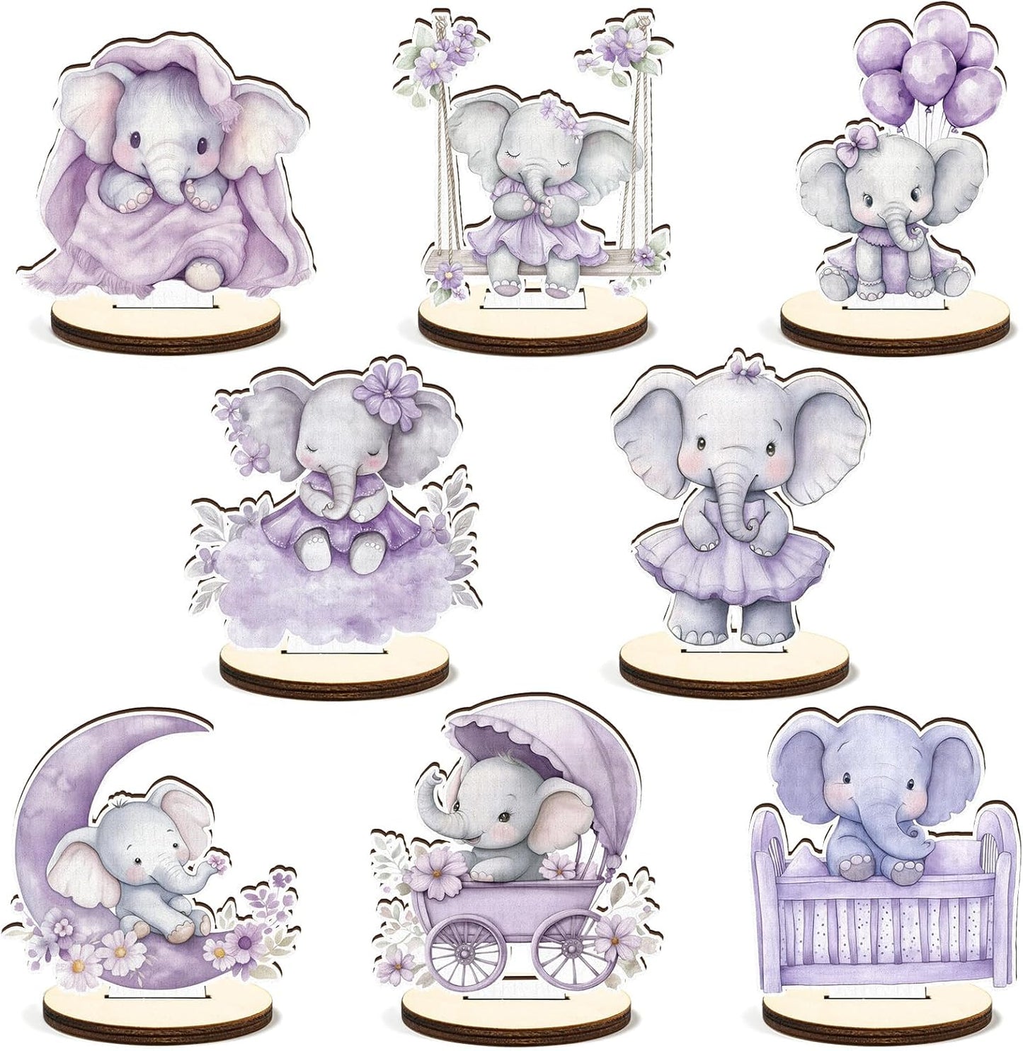 16 Pcs Wooden Baby Shower Table Centerpiece Purple Elephant Tabletop Detachable Sign Boy Or Girl Gender Reveal Table Toppers Display Decoration Elephant Birthday Photo Props Party Favor Supplies