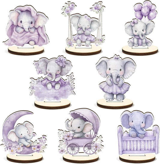 16 Pcs Wooden Baby Shower Table Centerpiece Purple Elephant Tabletop Detachable Sign Boy Or Girl Gender Reveal Table Toppers Display Decoration Elephant Birthday Photo Props Party Favor Supplies