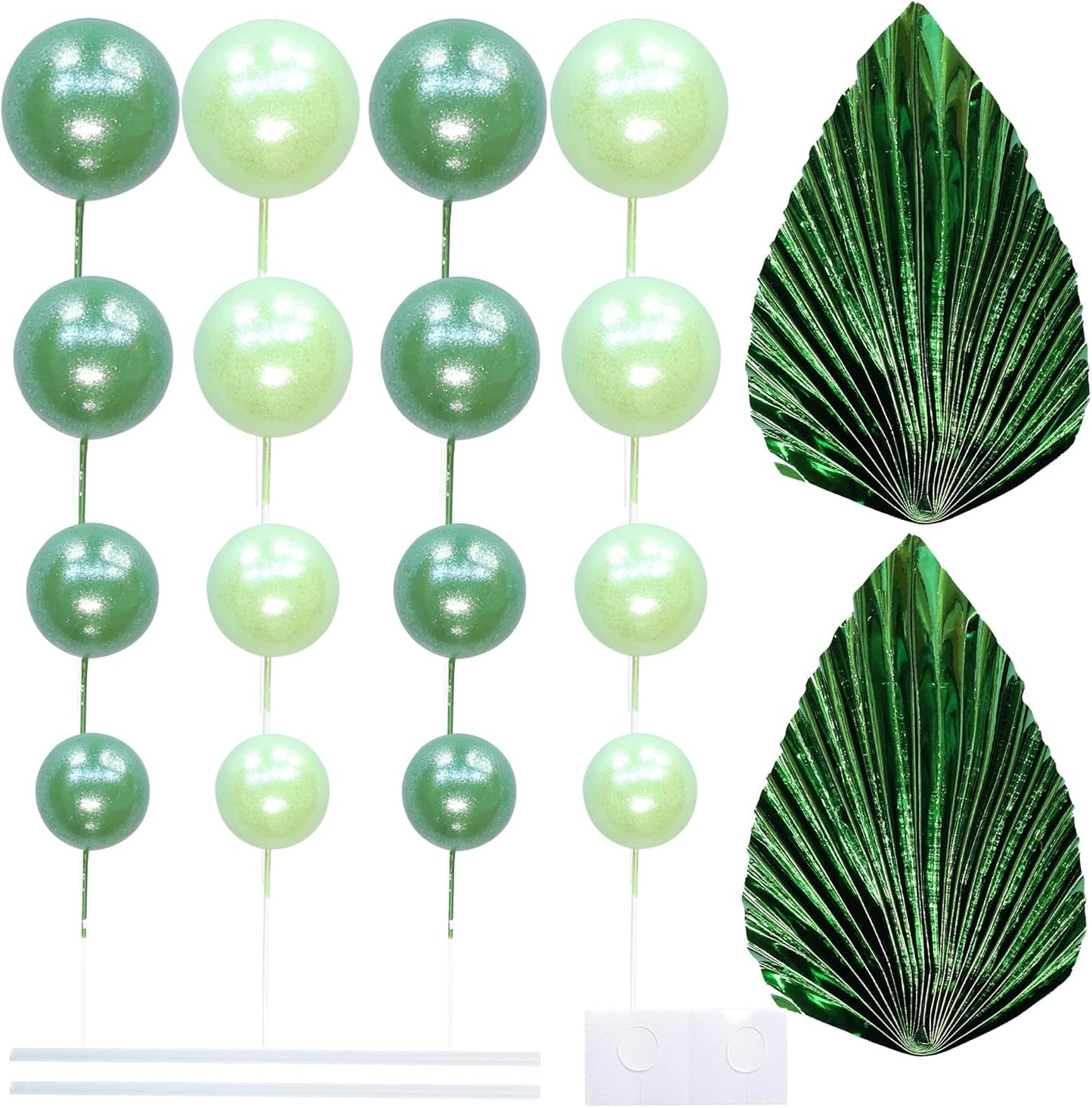 Ephlyn 28Pcs Paper Palm Fan Cake Topper Balls Cake Pick Wedding Bridal Shower DIY Cake Decorations for Baby Shower Wedding Birthday Anniversary Party Supplies Light Green