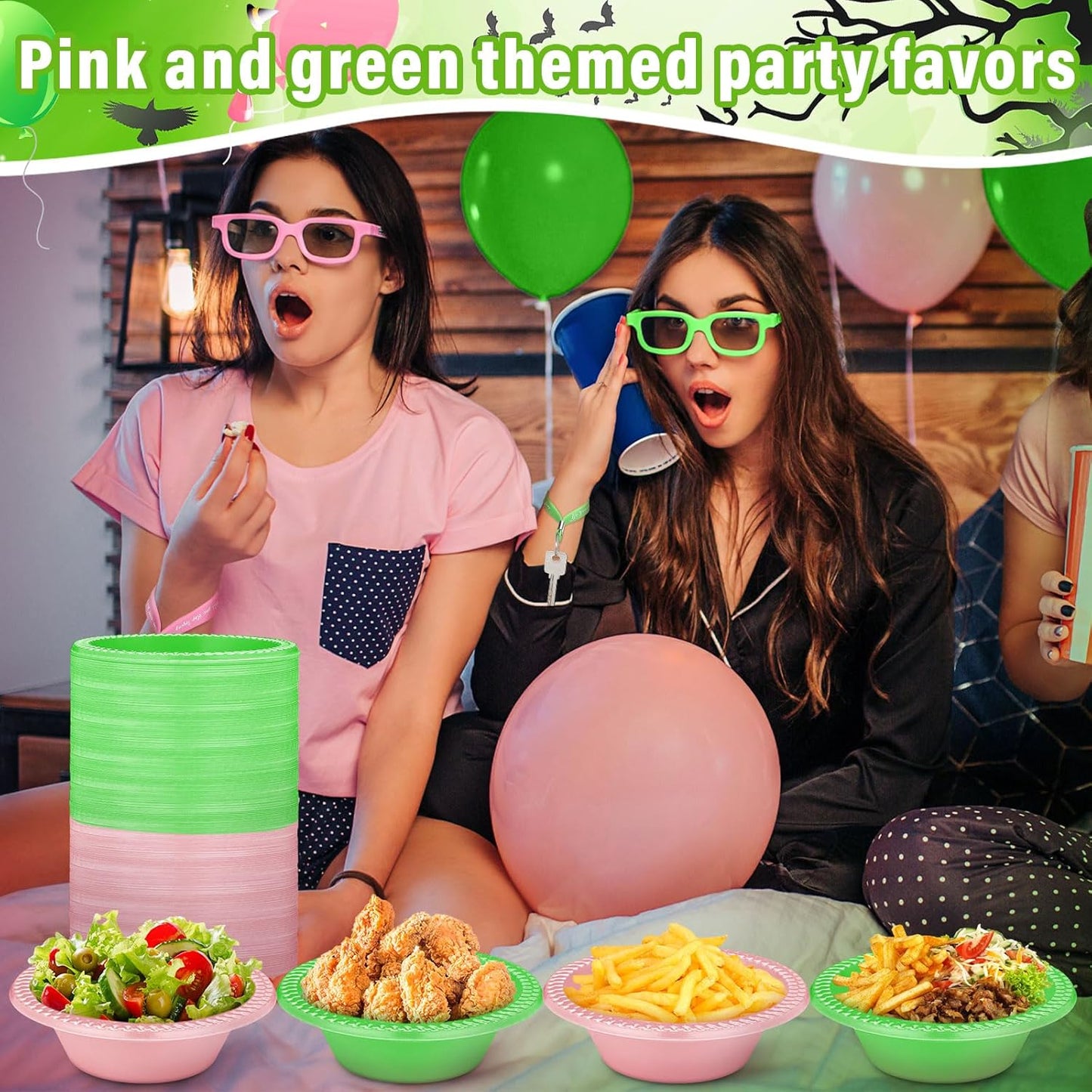 Layhit 100 Pcs Halloween Plastic Bowls 12 oz Disposable Salad Pink Green Plastic Serving Halloween Party Supplies Candy Snack Bowls for Party Picnic