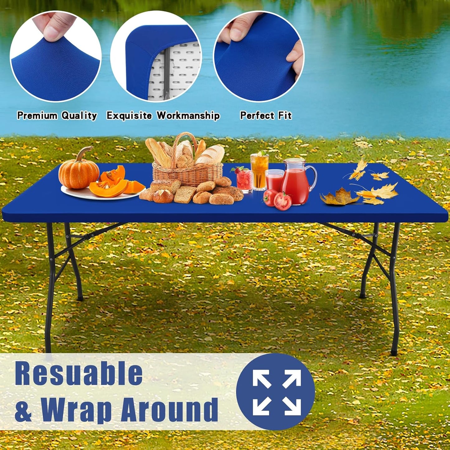 Spandex 5 Foot Rectangle Table Cloth 2 Pack, Elastic Fitted Tablecloths for Picnic, Stretch Washable Patio Table Cover for Outdoor, Camping, Banquet and Parties (Blue, 36"x60")