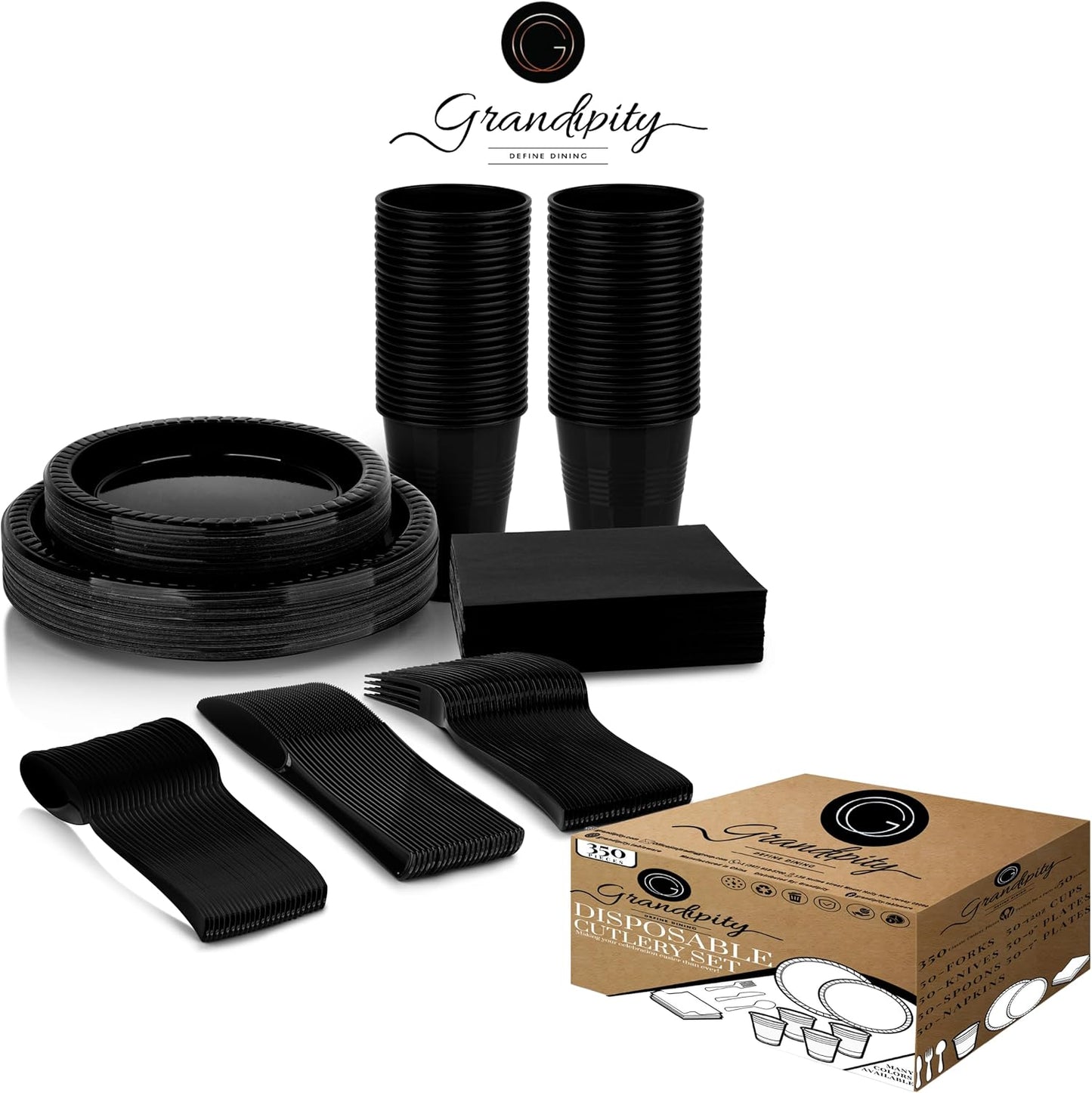 Grandipity 350 Piece Black Dinnerware Set, 50 Guests Plastic Party Plates, Cups, Napkins, Forks, Knives & Spoons