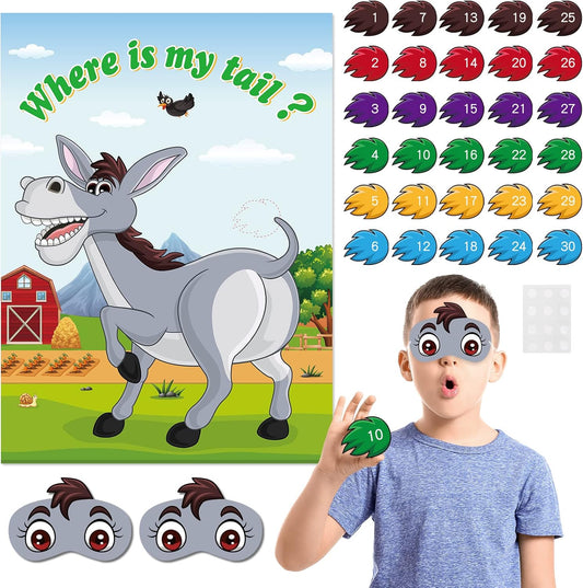 NEBURORA Pin The Tail on The Donkey, Party Game with 30 Pcs Tails for Kids Birthday Party Carnival Circus Christmas Party Supplies