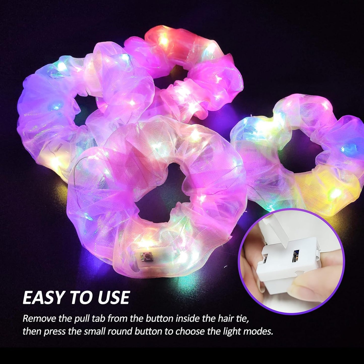 4Pcs Light Up Scrunchies Hair Tie, Pink LED Scrunchy Rave Hair Accessories for Women & Girls, Glow in the Dark Party Supplies Sleepover Party Favor Festival Accessory for Birthday Gifts for Girls