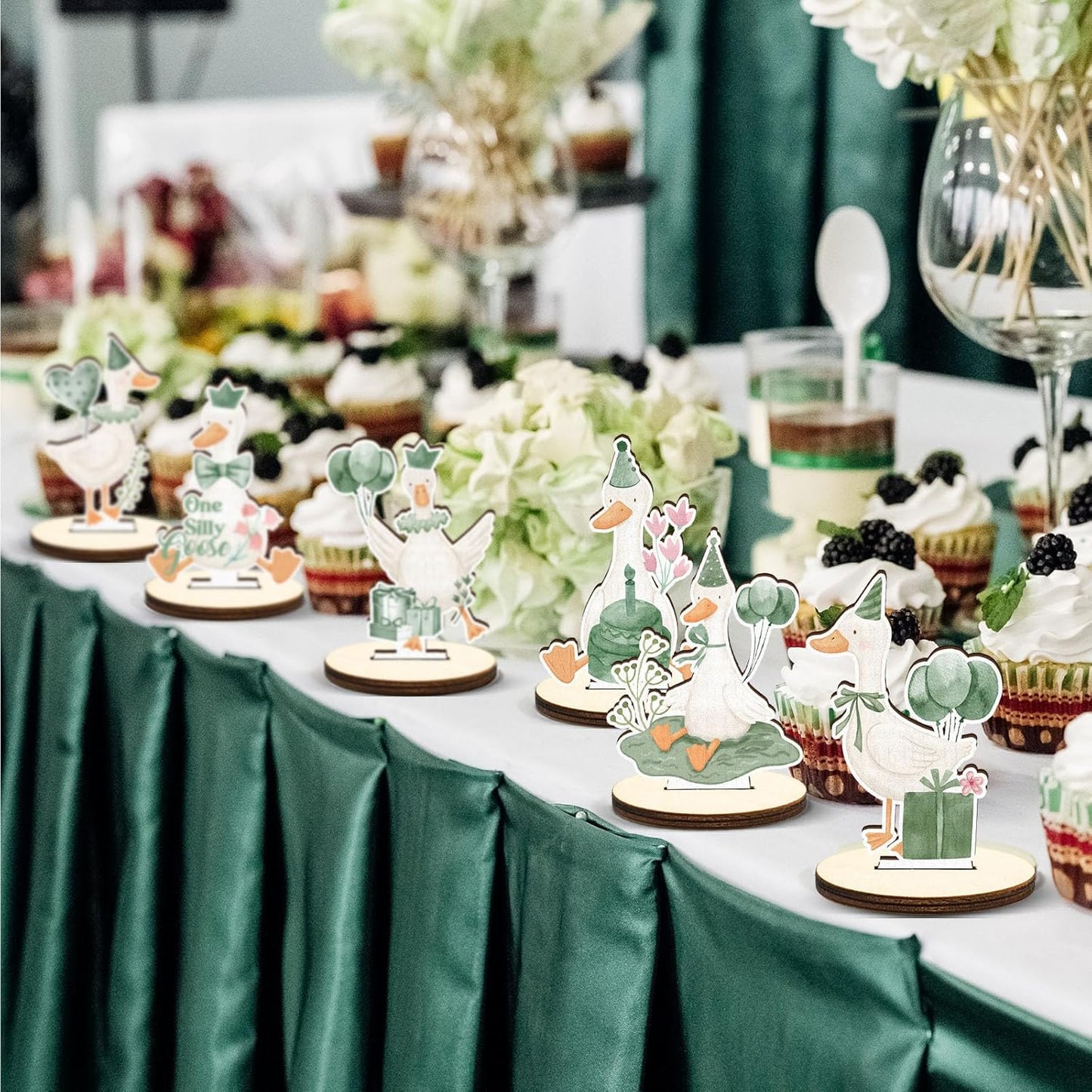 16 Pcs Wooden Baby Shower Table Centerpiece Sage Green One Silly Goose Tabletop Detachable Sign Boy Or Girl Gender Reveal Table Toppers Display Decoration 1st Birthday Photo Props Party Favor Supplies