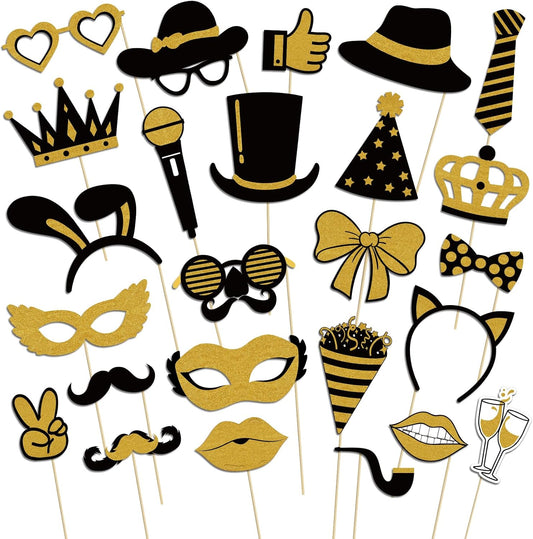 Photo Booth Props, Kaluofan 25PCS Black and Gold Party Decorations, Funny Photo Party Props Accessories for Adults and Kids, Photo Booth Props for Wedding Birthday Christmas New Year‘s Eve