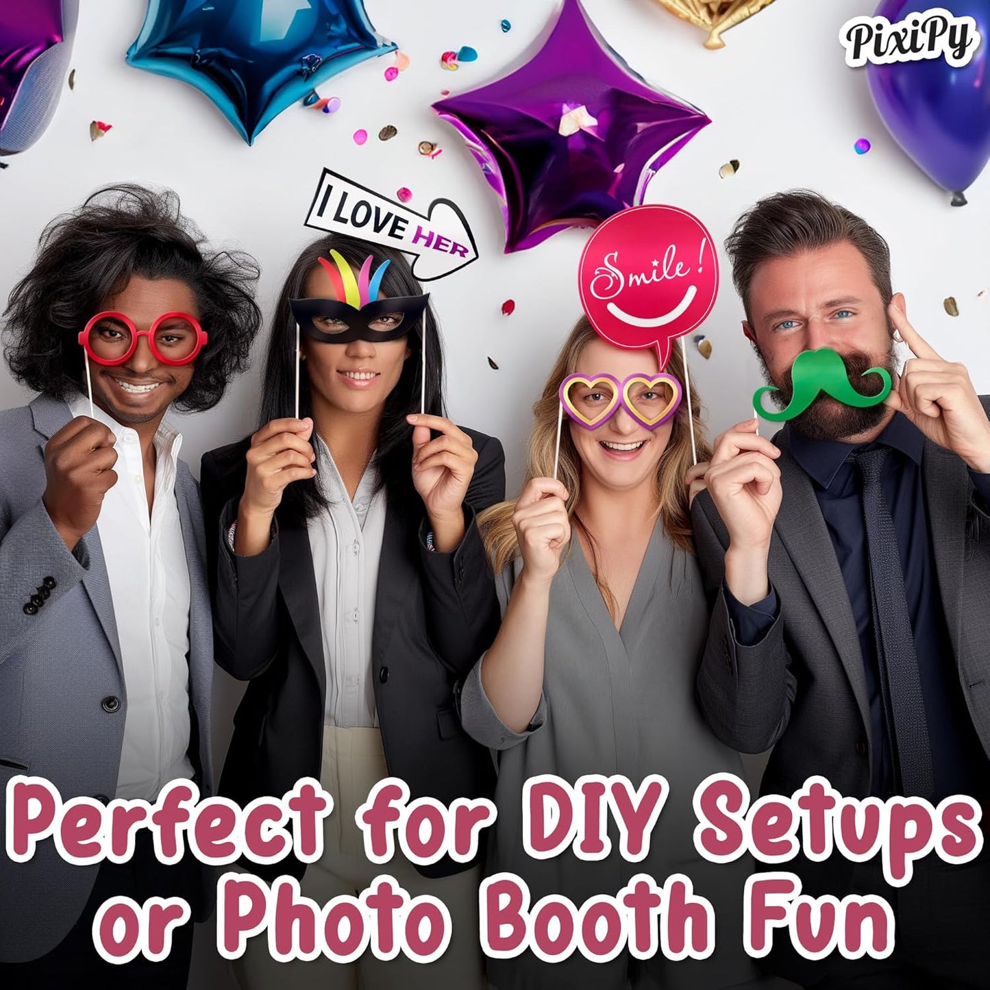 Premium Birthday Photo Booth Props Kit - 54 pc, Multicolored - Happy Birthday Party Fun Photobooth Selfie Accessories - for Adults & Kids - Funny Photoshoot w/Friends - by PixiPy