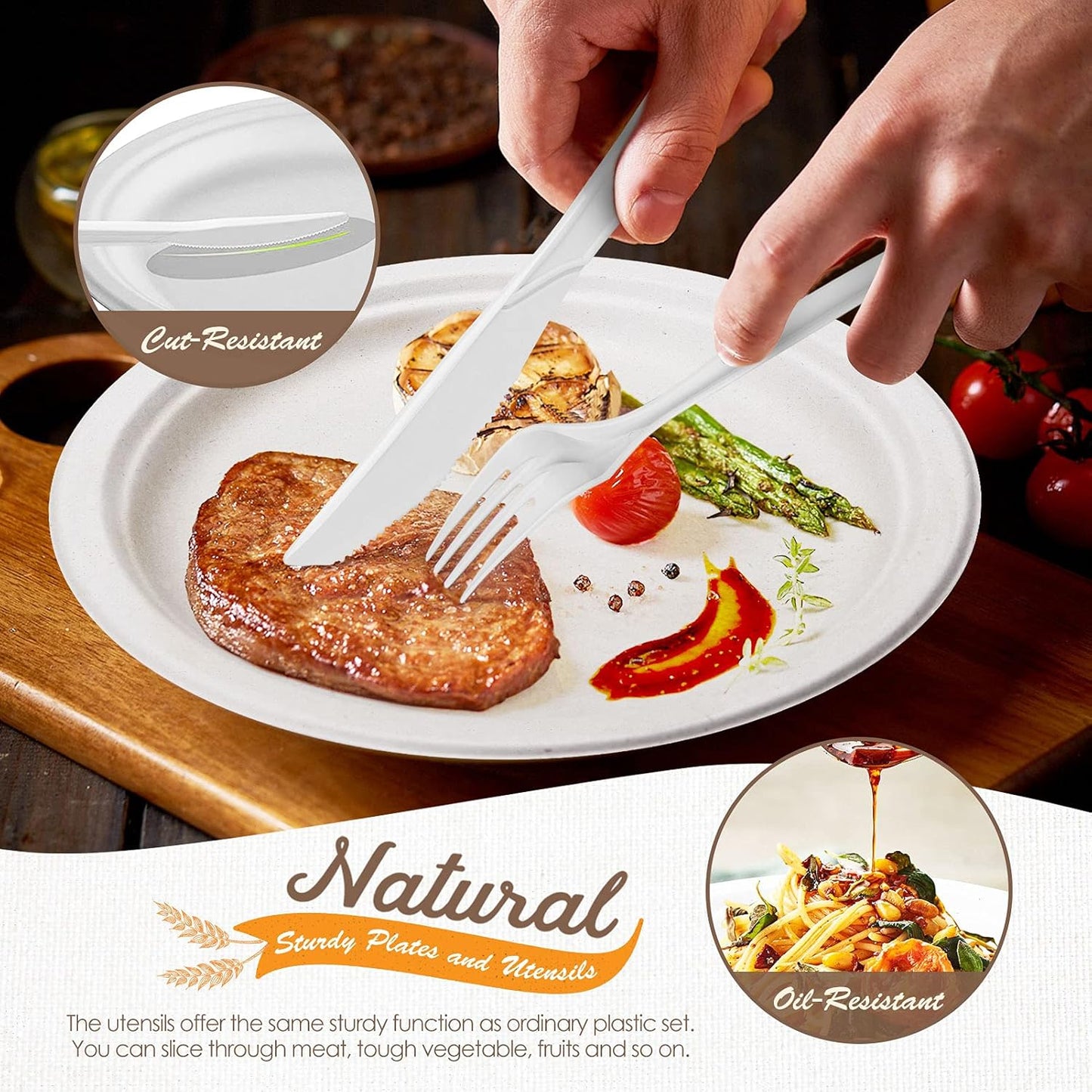 Compostable Paper Plates 350pcs Disposable Plates for Wedding Party Eco-friendly Sugarcane Plates Biodegradable Cutlery Forks Knives Spoons Cups and Straws for 50 People