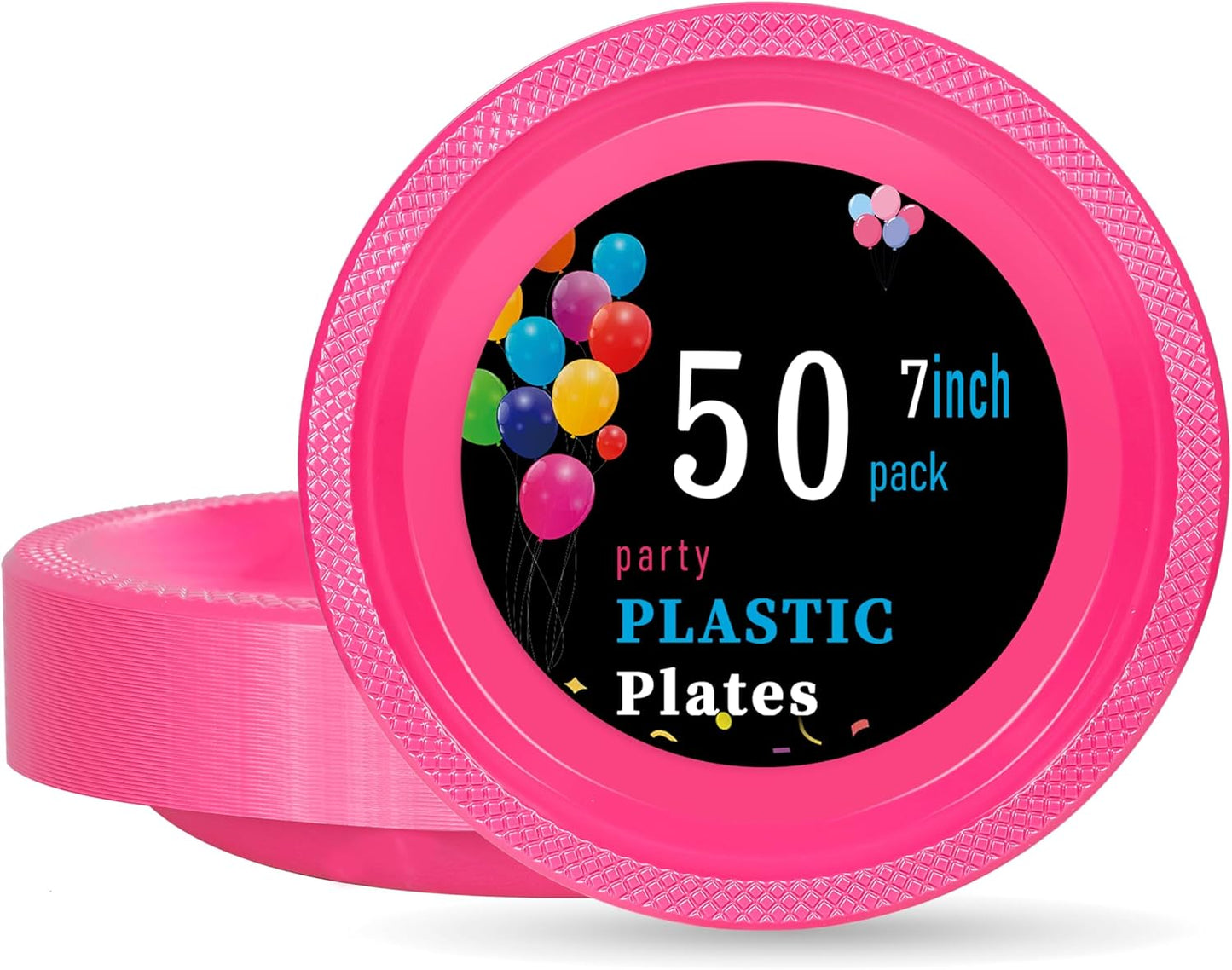 WELLIFE 7 Inch Plastic Plates Hot Pink 50 Count Disposable Plate for Party, Dessert Small Plates for Dinner Cake Salad Supplies Birthday
