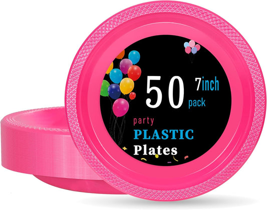 WELLIFE 7 Inch Plastic Plates Hot Pink 50 Count Disposable Plate for Party, Dessert Small Plates for Dinner Cake Salad Supplies Birthday