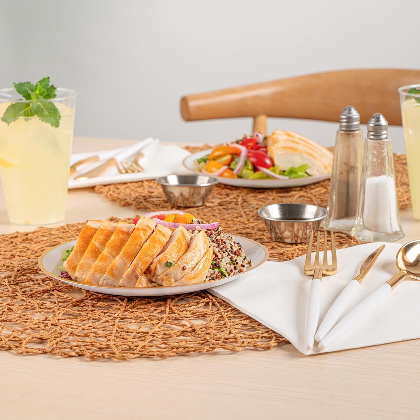 Restaurantware Plastic Plates 100 Pcs 7.25" Gold Rimmed Disposable Plates Heavy-Duty White Translucent Rippled Plastic Dinner Servers for Party, Weddings, Salads, Desserts, and Appetizers