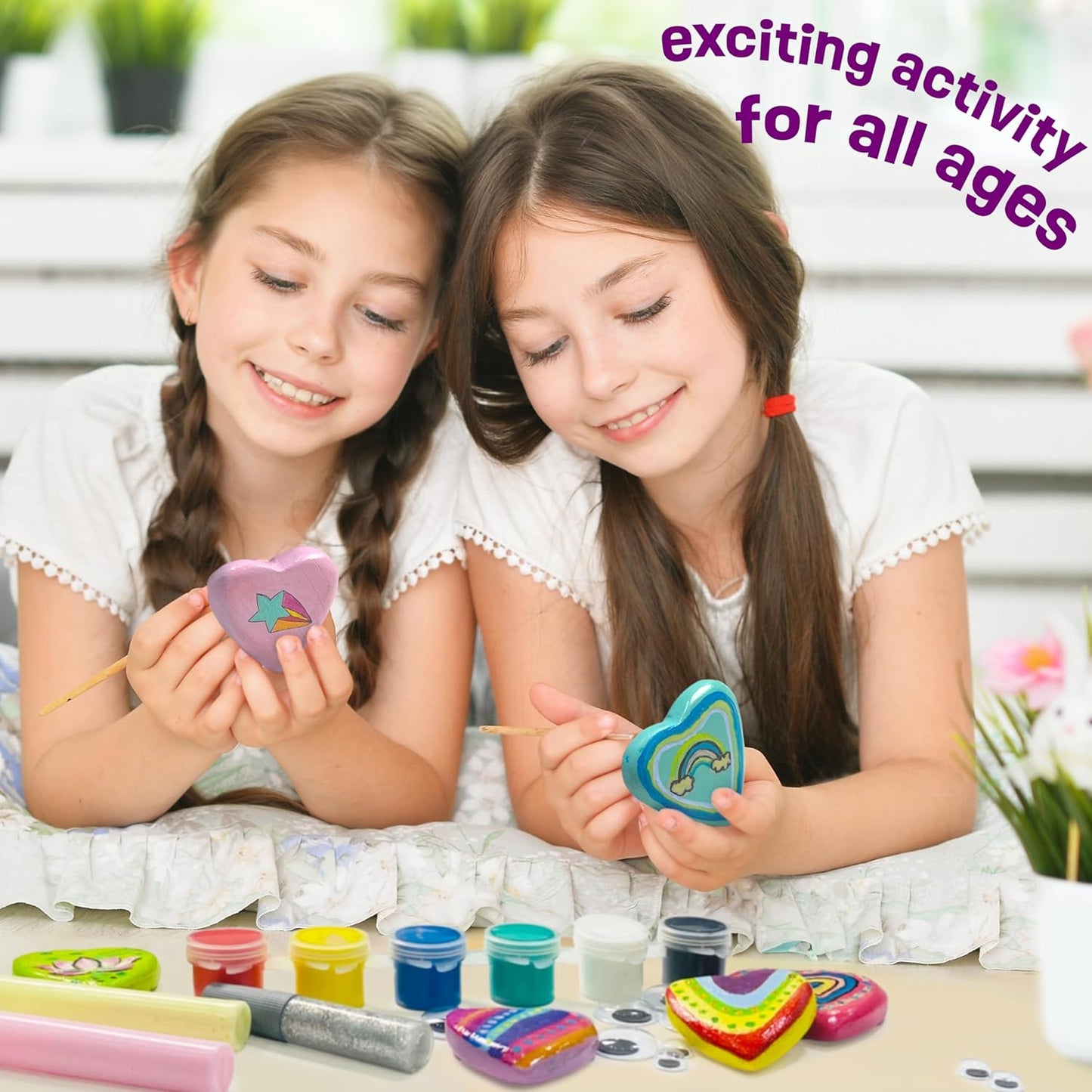 Hearts Rock Painting Kit for Kids Girls - Glow in Dark Art Supplies Ages 4-12 - Complete STEM Craft Set with Puffy Paint Stickers Gems Paints - Educational Birthday Christmas Gifts Art Toys for Girl