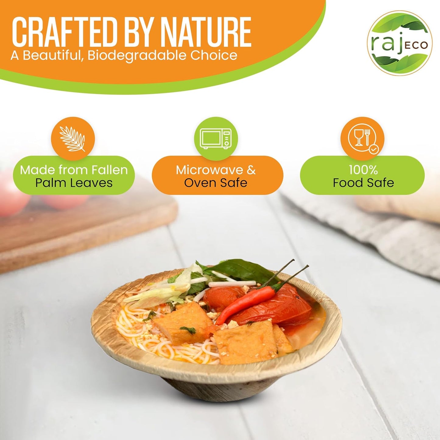 Raj Disposable Palm Leaf Bulk Bowls (200 Count, 5" Bowls) Strong Bowl Like Bamboo Party Bowl - Decorative Compostable Tableware for Lunch, Dinner, Birthday, Outdoor, BBQ, Picnic, Parties