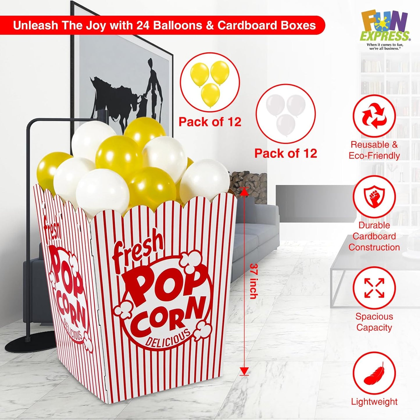 Fun Express Giant Popcorn Box Prop 3D Cardboard Stand-Up - Movie Night Decorations for Theater Party | Red & White Striped Design with Balloons | 37" Tall Movie Theme Party Supplies