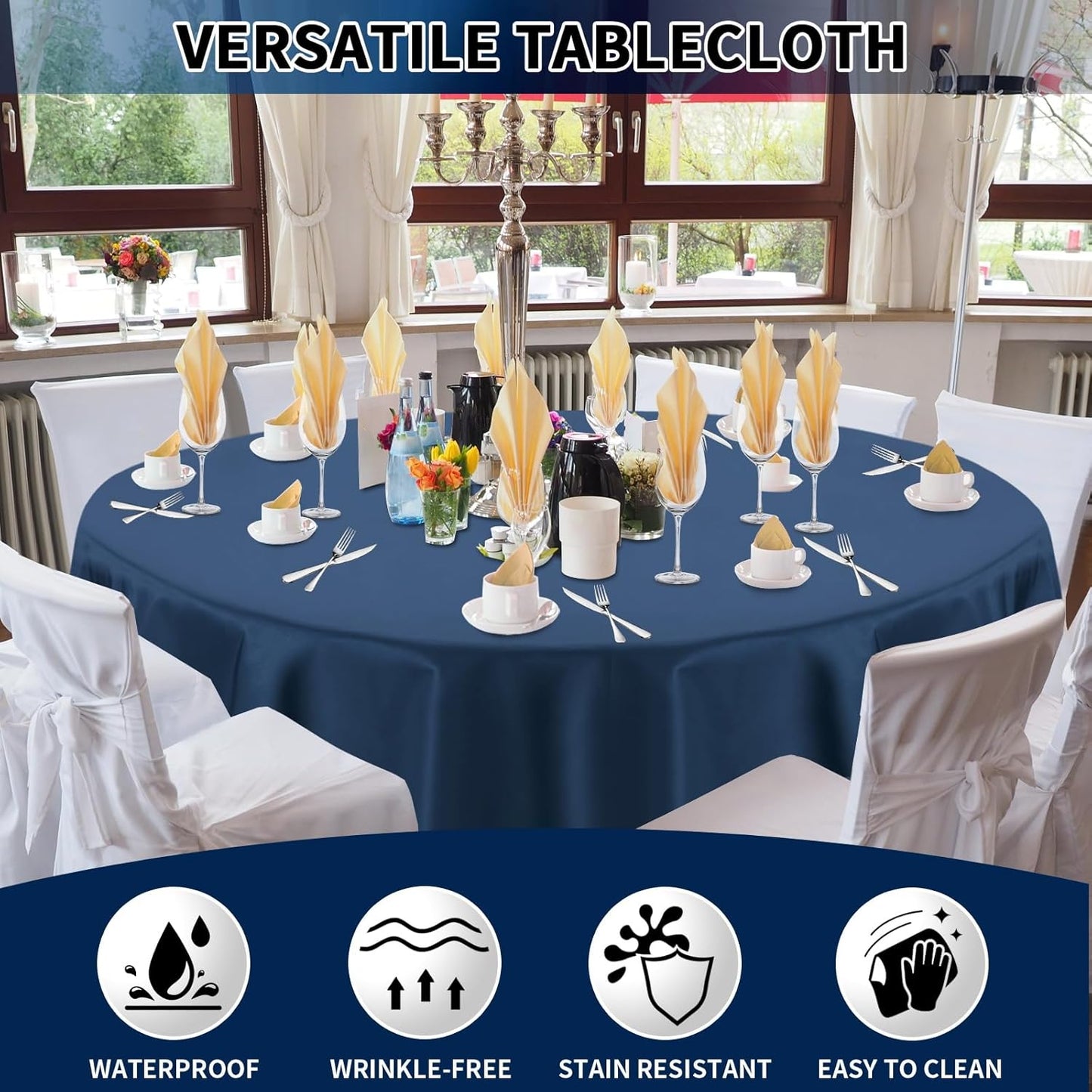 PureFit 6 Pack Round Navy Blue Table Cloths 90 Inch for Round Tables, Stain and Wrinkle Resistant Table Linens for Home Use, Wedding, Party, Banquet and Camping