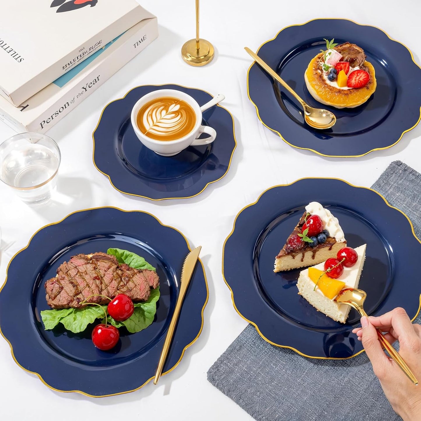 bUCLA 180PCS Blue Plastic Plates - Navy Blue and Gold Rim Disposable Include 30 Each (Dinner & Dessert) Plates, 30 Knives, 30 Forks, 30 Spoons and 30 Cups, Ideal for Party & Gathering