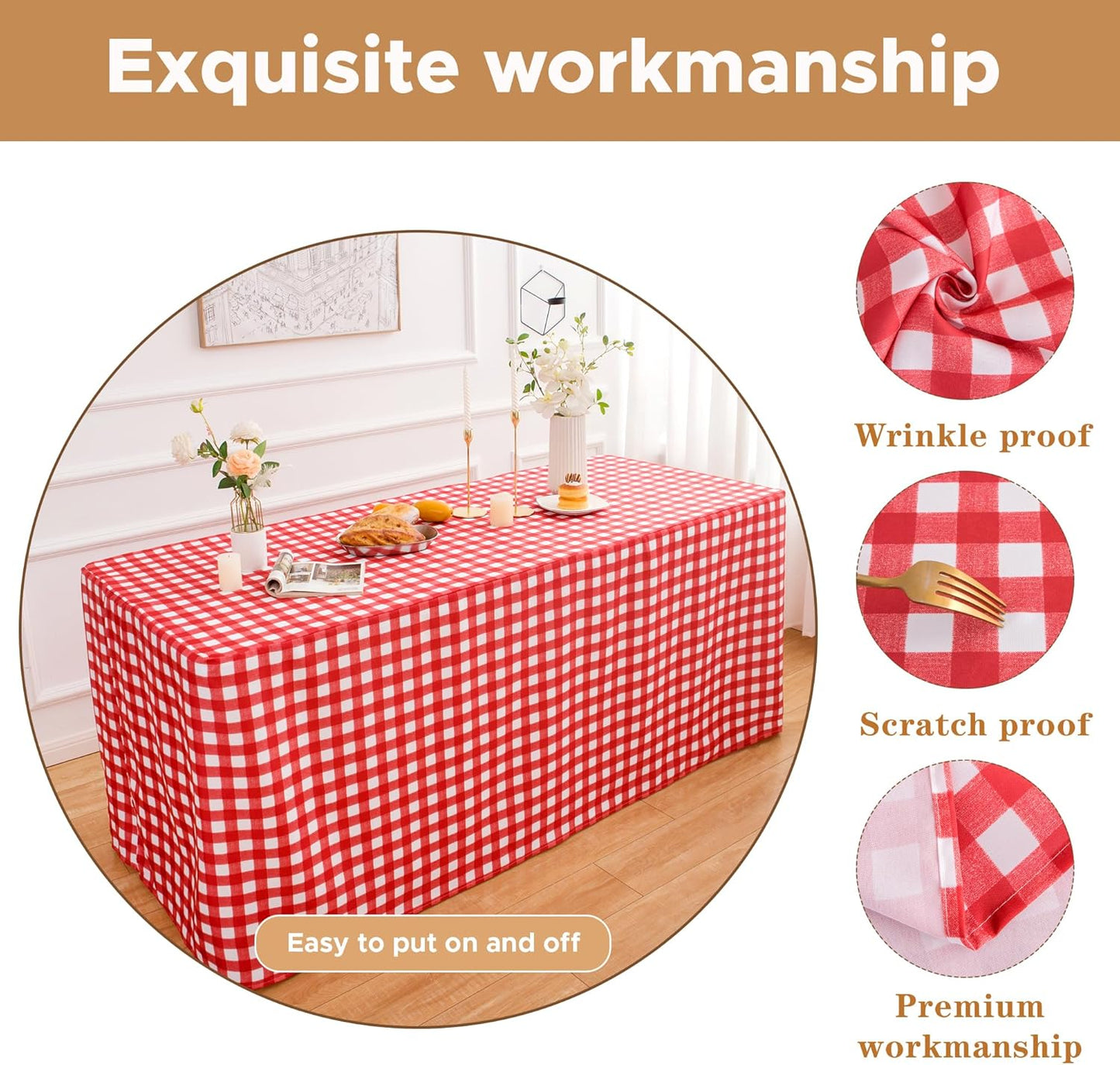 HolidayIdeas Checkered Fitted Table Covers for 8 Foot Tables - 96 x 30 Inch - 2 Pack Rectangle Table Clothes Buffalo Plaid Table Cover for Folding Table, Parties, Picnic, Trade Show (Red and White)