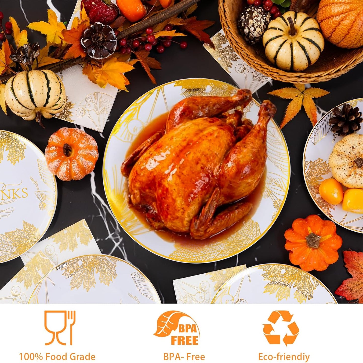 125PCS Thanksgiving Plastic Plates - Gold Disposable Dinnerware Sets - Thanksgiving Maple leaf Plates with Silverware for 25 Guests for Autumn Harvest Party Decor