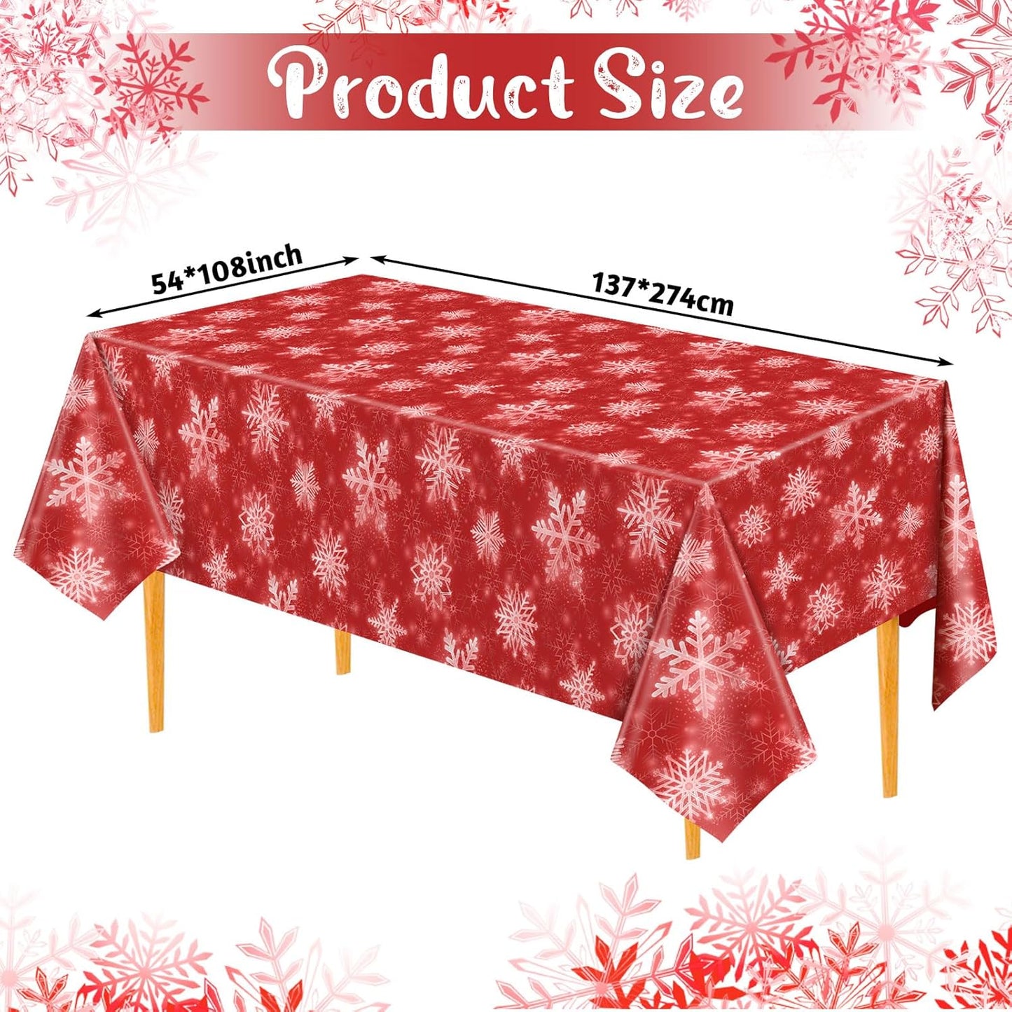 3 Pack Christmas Snowflake Plastic Tablecloth, 54 x 108Inch Red and White Snowflake Table Cloth Disposable Waterproof Winter Snowflakes Table Cover for Winter Holiday New Year Party Supplies Decor